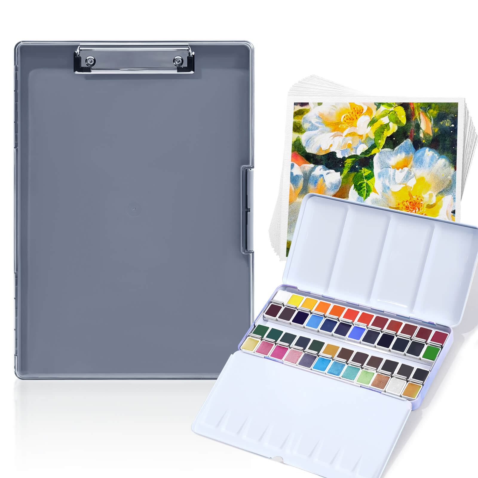 MeiLiang Watercolor Paint Set, 48 Colors Solid Watercolor + Watercolor Paper + Art Supplies Plastic Storage Box