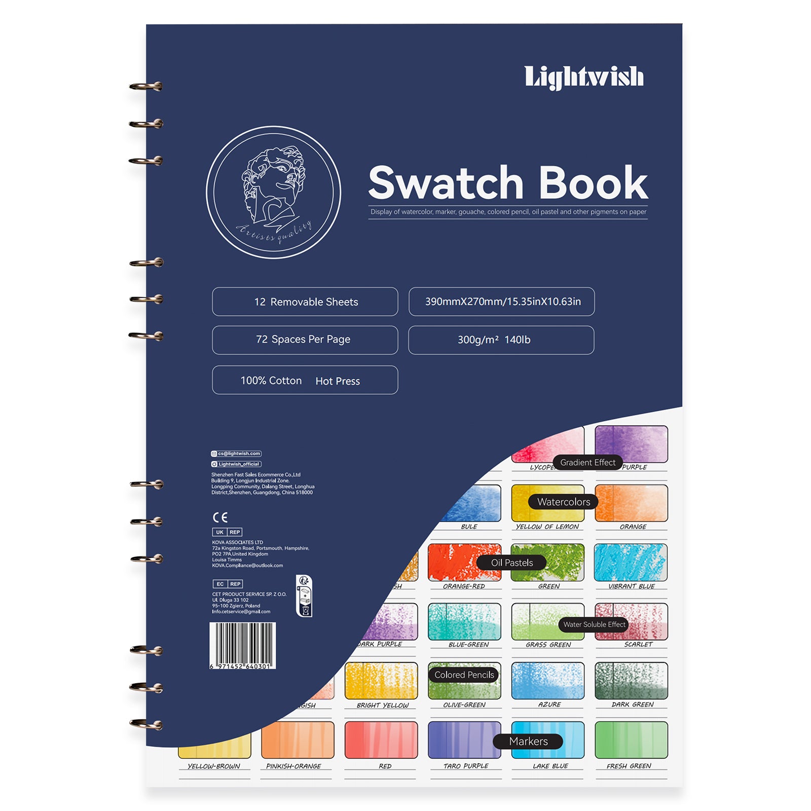 LIGHTWISH Color Card Book 8-color 100% Cotton 300g Fine Grain 12 Sheets