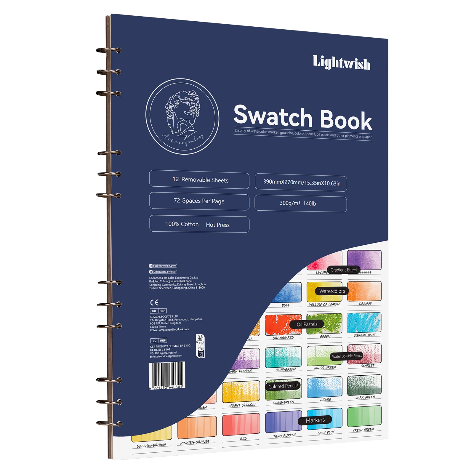 LIGHTWISH Color Card Book 8-color 100% Cotton 300g Fine Grain 12 Sheets