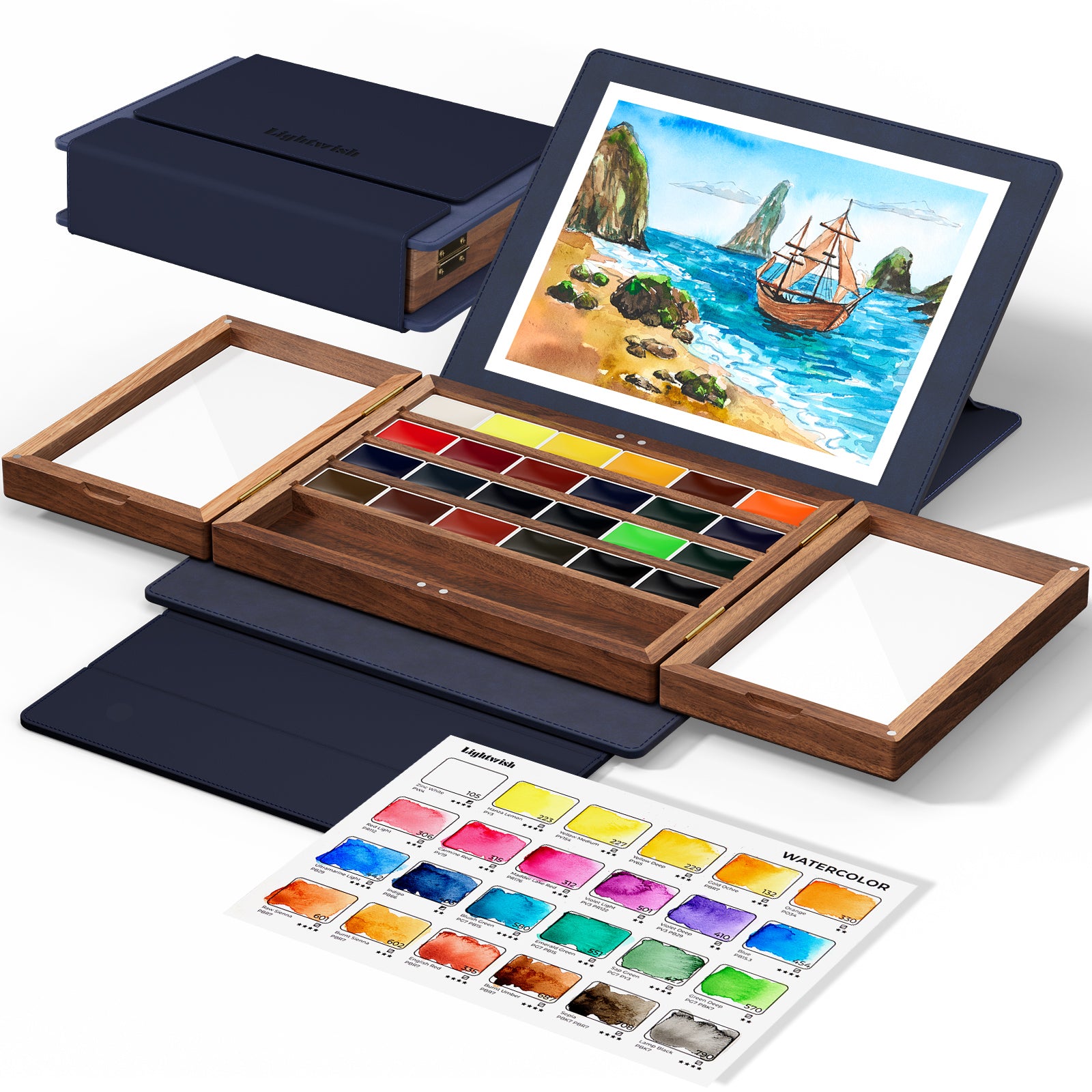 Watercolor Paint Set 24 Vibrant Colors with Walnut Wood Palette,Adjustable Angles Artificial Leather Sheath Portable Travel Watercolor Palette Set for Artist