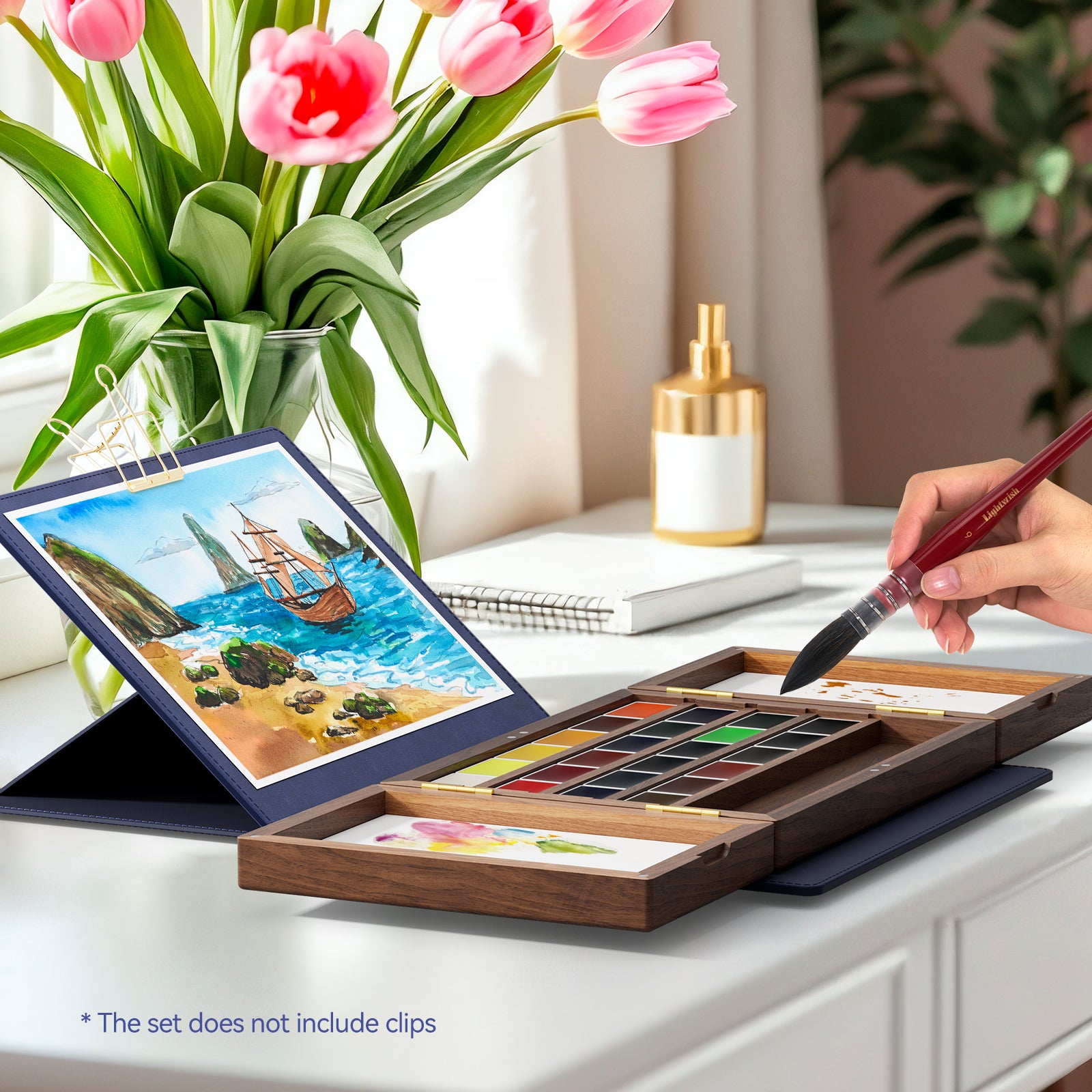 Watercolor Paint Set 24 Vibrant Colors with Walnut Wood Palette,Adjustable Angles Artificial Leather Sheath Portable Travel Watercolor Palette Set for Artist