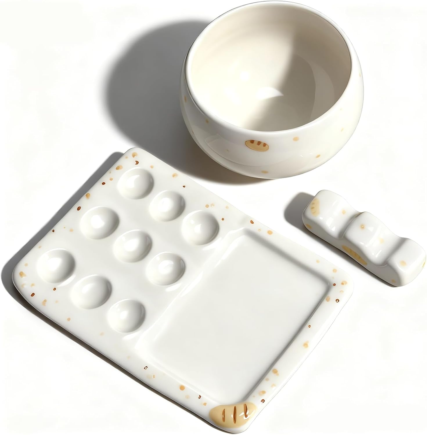 Handmade ceramic paint palette set, artist's ceramic watercolor palette, brush holder and paint cups