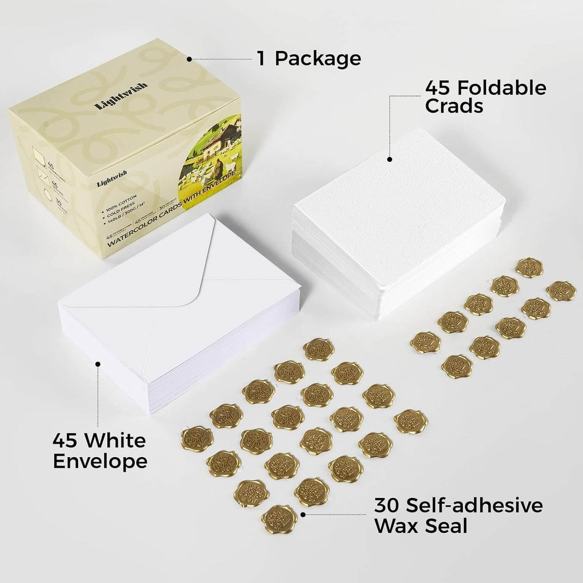 300gsm 100% Cotton Foldable Watercolor Greeting Cards with Envelopes – Cold Press Blank Cards & 30 Wax Seal Stickers for Painting, Inviting & Gifting