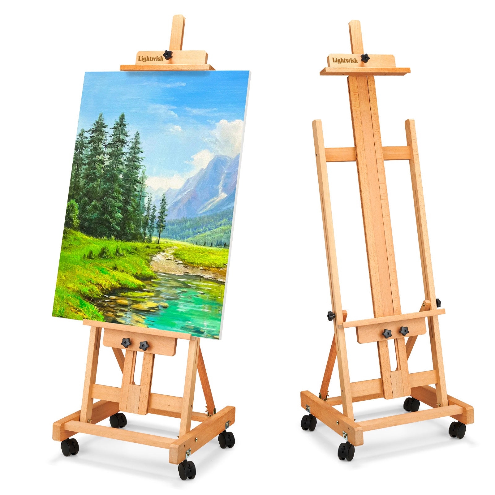 Lightwish H Frame Easel, Hold Canvas up to 70" with 4 Universal Wheels, Beech Wooden Easel for Painting, Adjustable Artist Easels for Painting