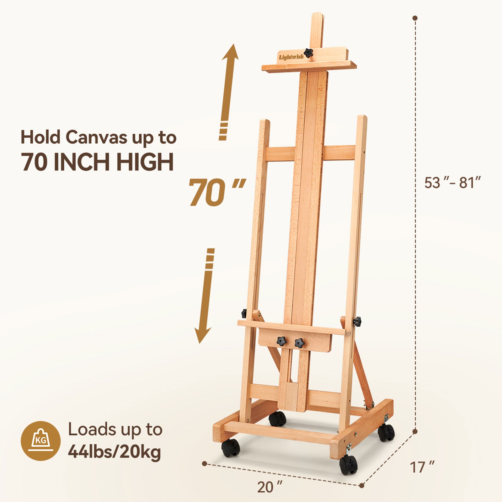 Lightwish H Frame Easel, Hold Canvas up to 70" with 4 Universal Wheels, Beech Wooden Easel for Painting, Adjustable Artist Easels for Painting