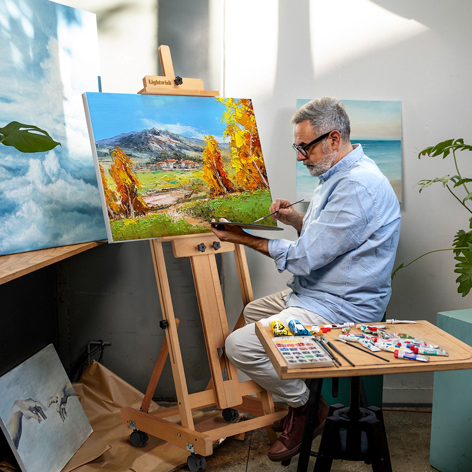 Lightwish H Frame Easel, Hold Canvas up to 70" with 4 Universal Wheels, Beech Wooden Easel for Painting, Adjustable Artist Easels for Painting