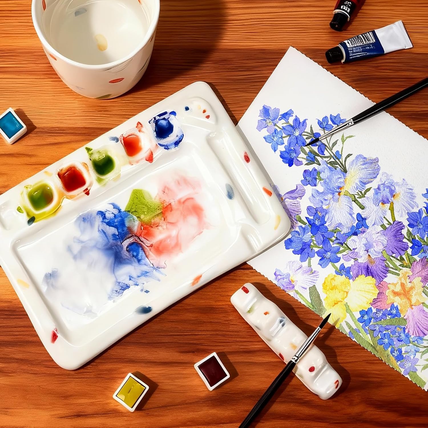 Handmade ceramic paint palette set, artist's ceramic watercolor palette, brush holder and paint cups