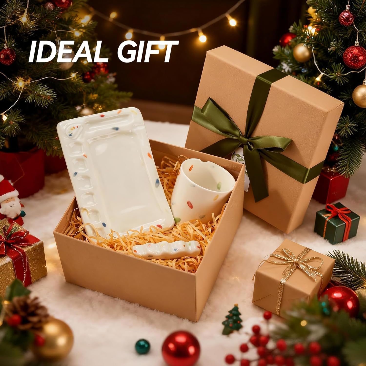 Handmade ceramic paint palette set, artist's ceramic watercolor palette, brush holder and paint cups