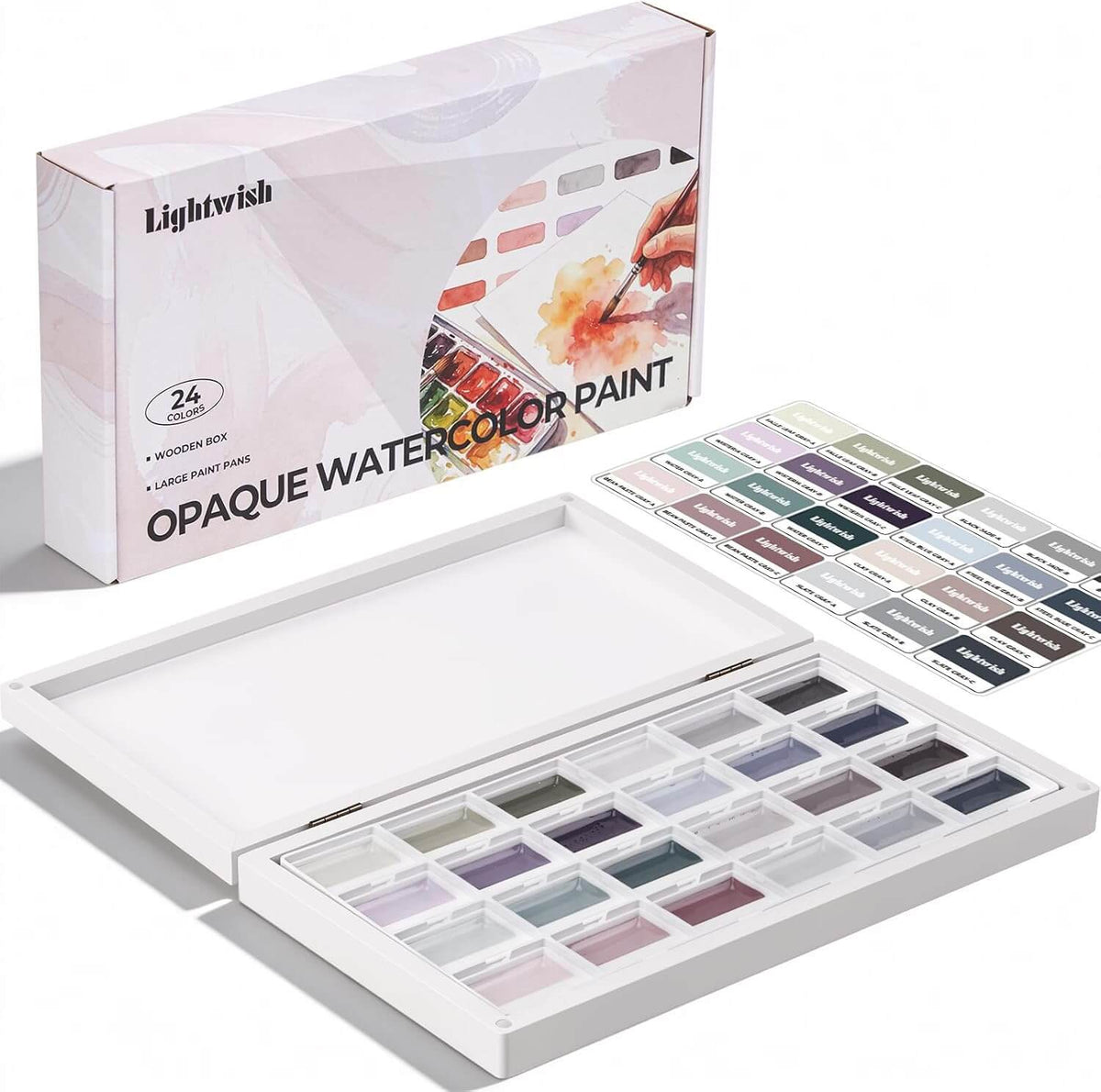 LIGHTWISH 24-Color Opaque Watercolor Set – Morandi Palette in Wooden Box