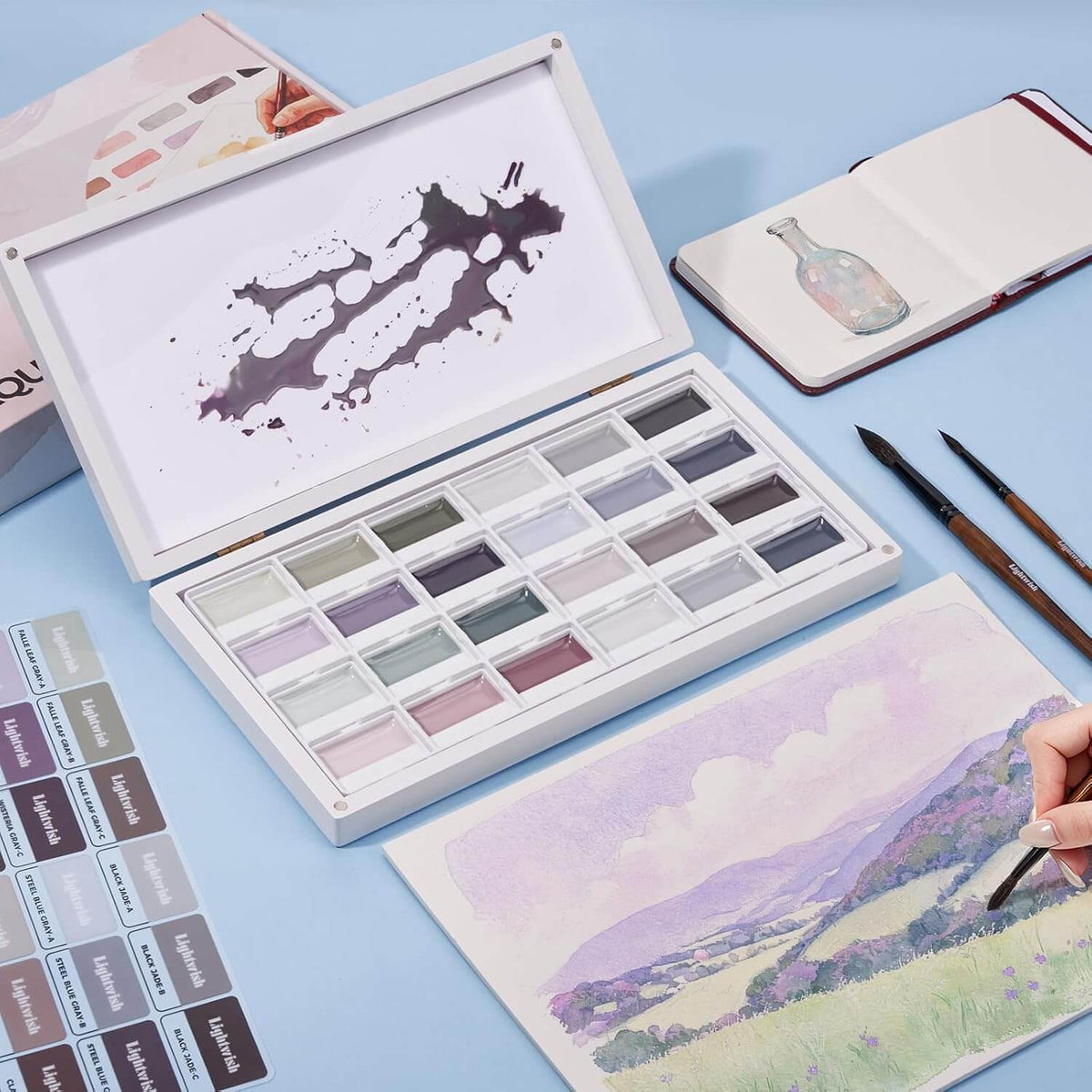 LIGHTWISH 24-Color Opaque Watercolor Set – Morandi Palette in Wooden Box