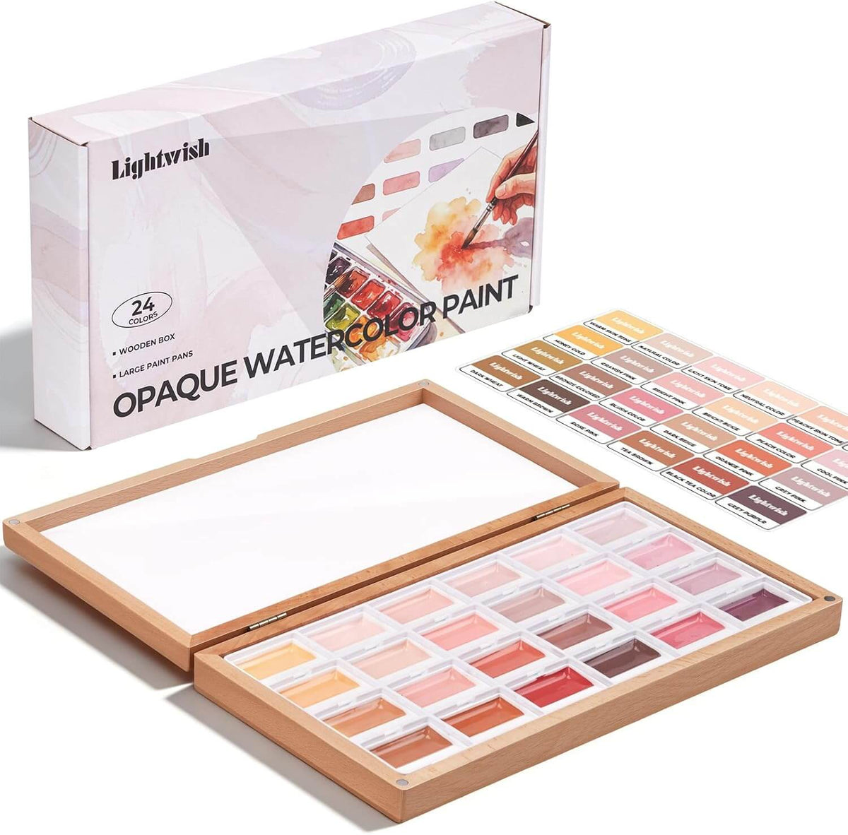 LIGHTWISH 24-Color Opaque Watercolor Set – Skin Tone Palette in Wooden Box