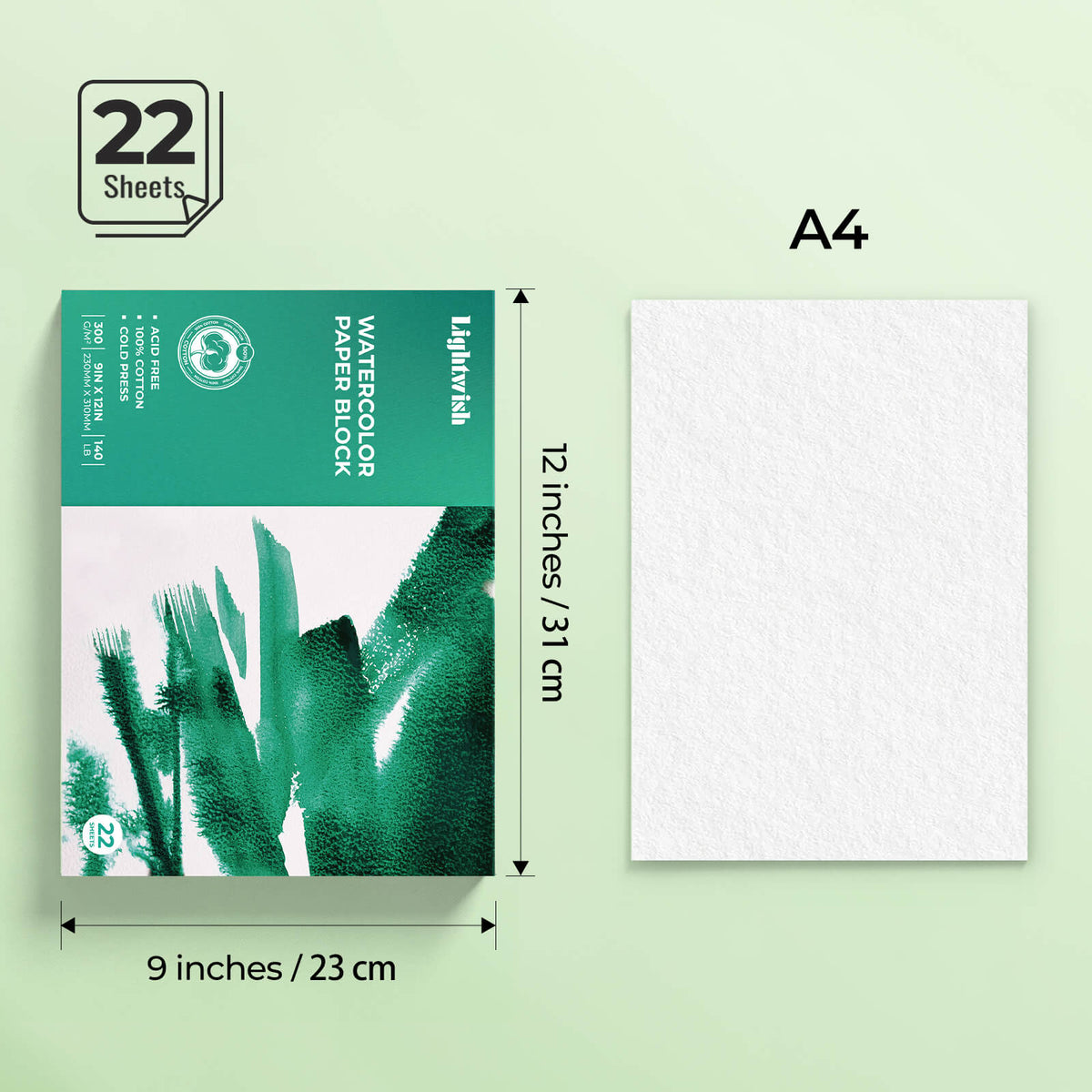 LIGHTWISH Watercolor Paper Block, 9x12 Inch 22 Sheets, 100% Cotton 300gsm/140lb Heavyweight Paper, Cold Press Paper
