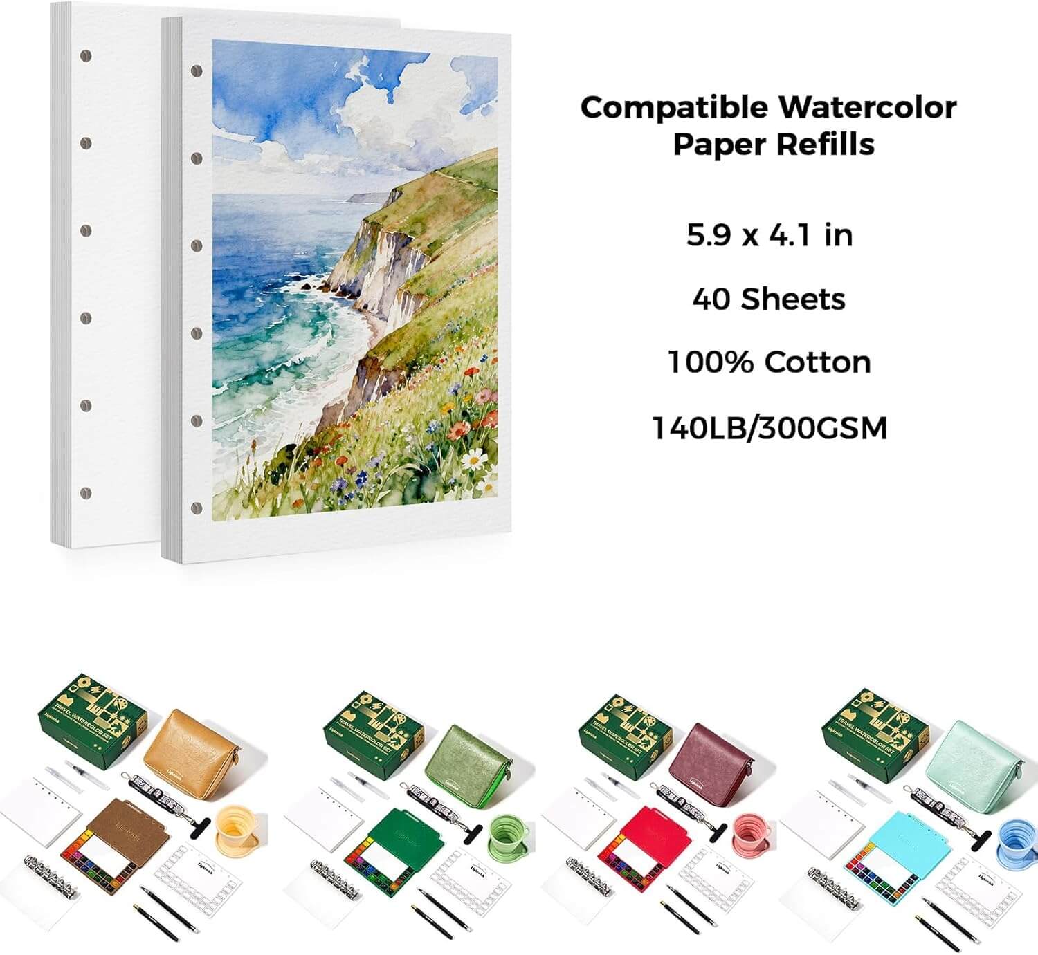 LIGHTWISH Travel Watercolor Set - 24 Colors Compact Art Kit with Refillable 100% Cotton Paper, Ceramic Palette