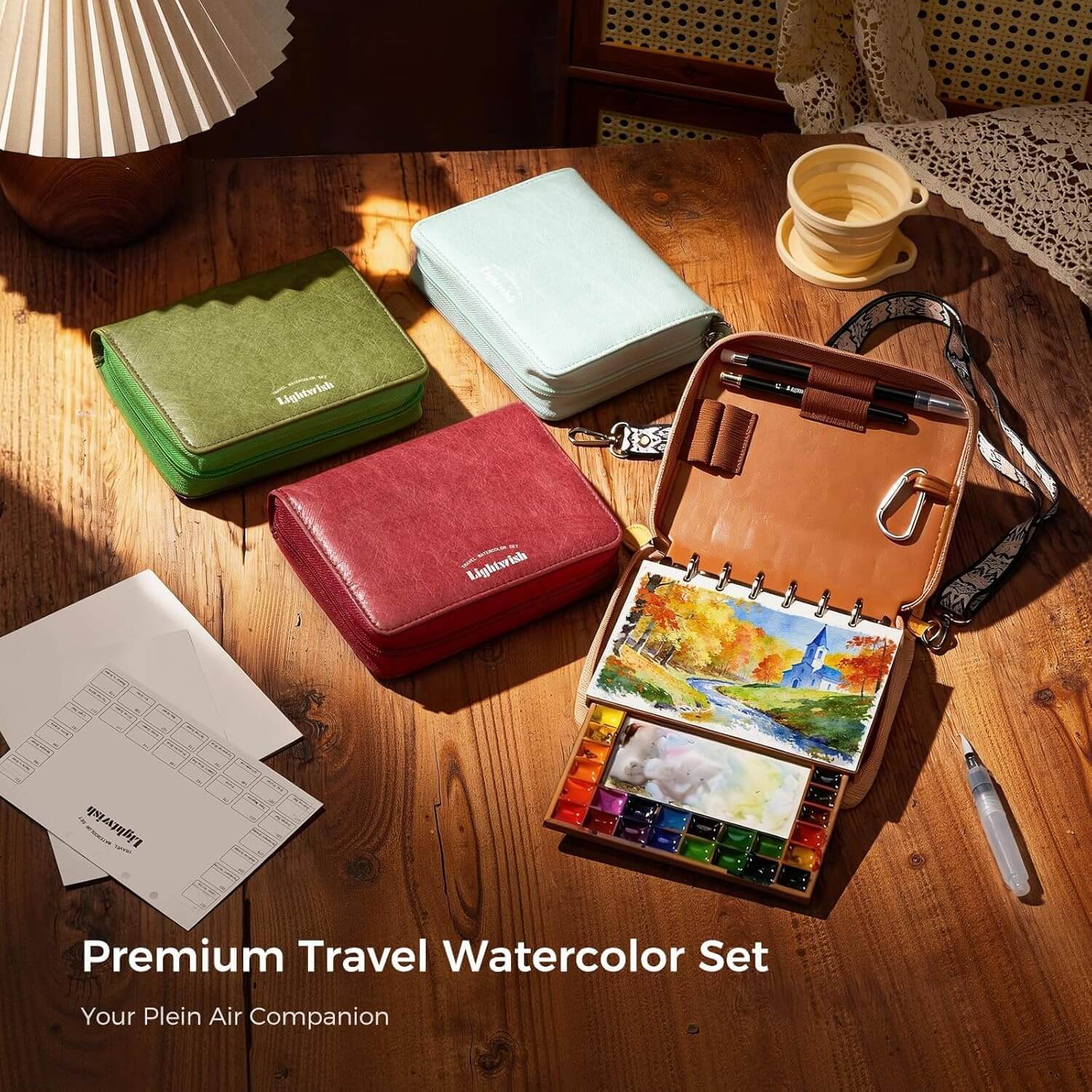 LIGHTWISH Travel Watercolor Set - 24 Colors Compact Art Kit with Refillable 100% Cotton Paper, Ceramic Palette