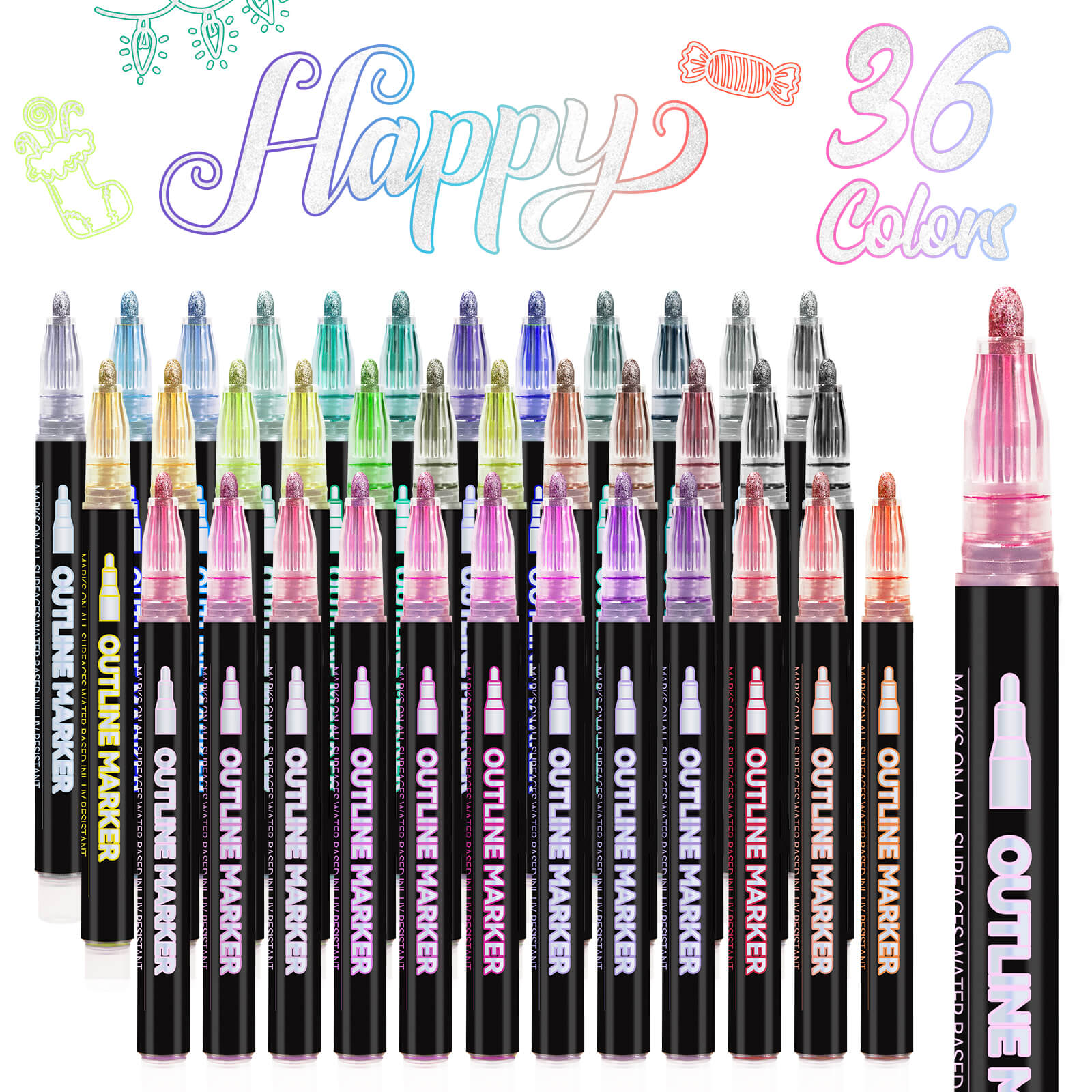 Lightwish Outline Markers 36 Colors, Shimmer Markers Double Line Outline Markers Glitter Markers Set