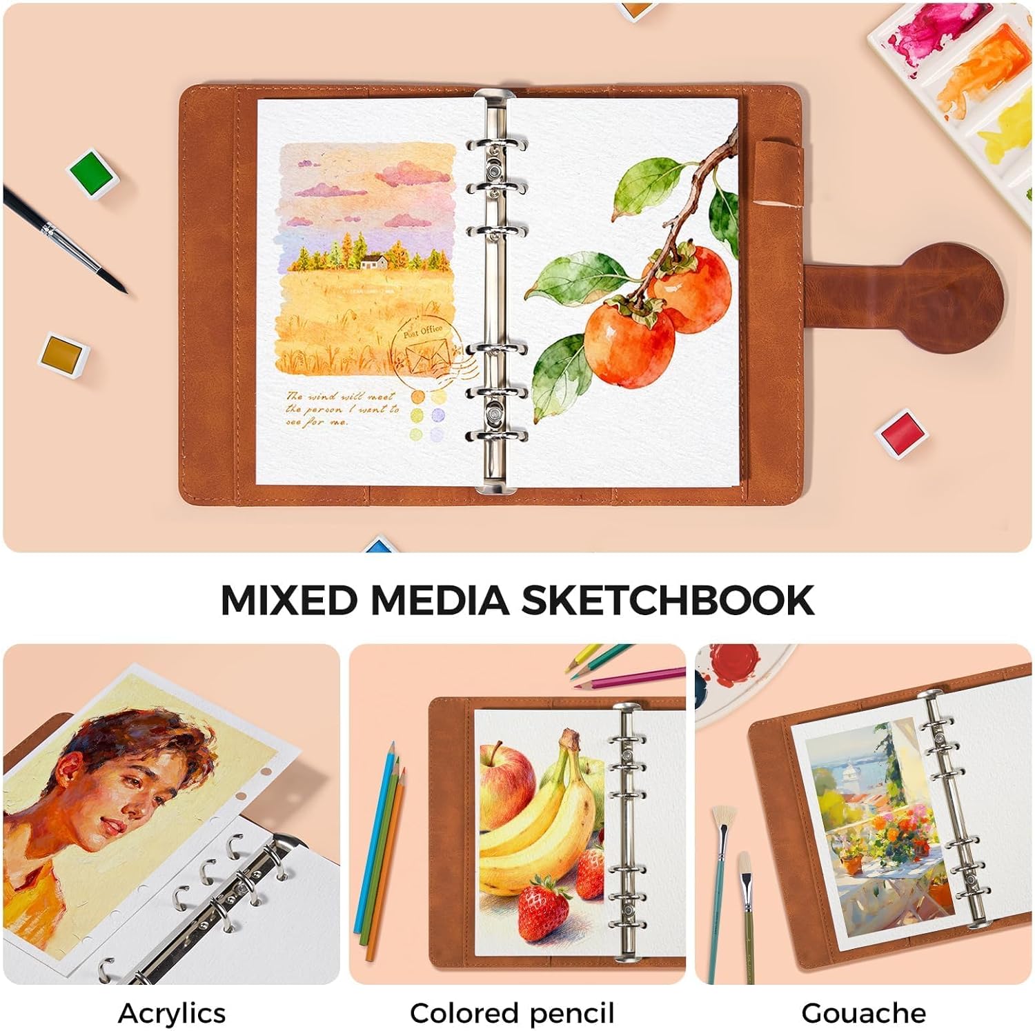 Lightwish Watercolor Sketchbook 100% Cotton, 300gsm (140lb) - 6.69" x 3.94" Cold Press Watercolor Paper Journal Notebook - 20 Sheets with PU Leather Cover for Drawing Mixed Media