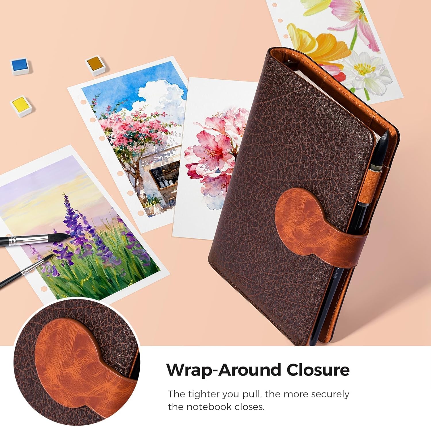 Lightwish Watercolor Sketchbook 100% Cotton, 300gsm (140lb) - 6.69" x 3.94" Cold Press Watercolor Paper Journal Notebook - 20 Sheets with PU Leather Cover for Drawing Mixed Media