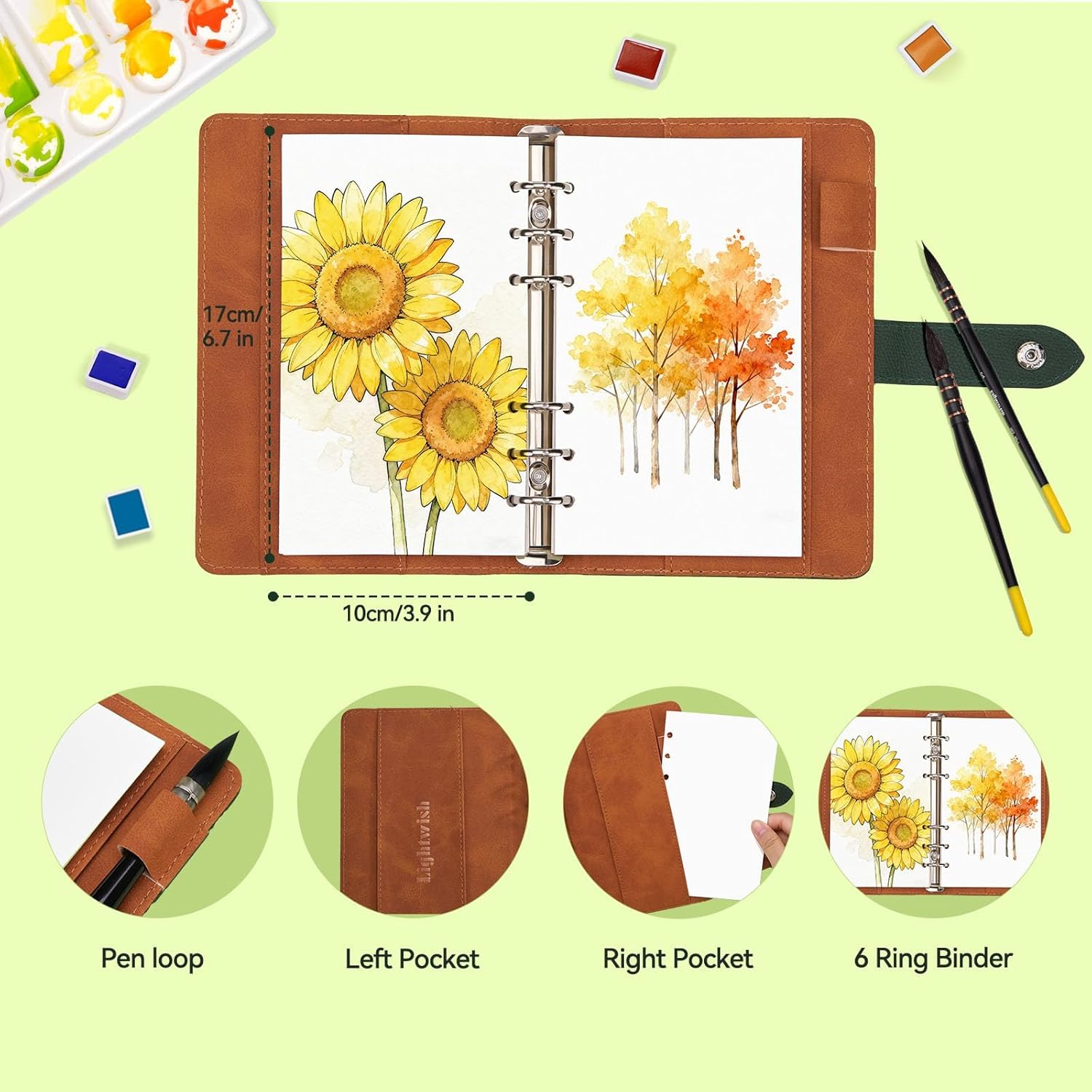 Lightwish Watercolor Sketchbook Refillable 100% Cotton, 300gsm (140lb) - 6.69" x 3.94" Hot Press Watercolor Paper Journal Notebook - 20 Sheets with PU Leather Cover for Drawing Mixed Media