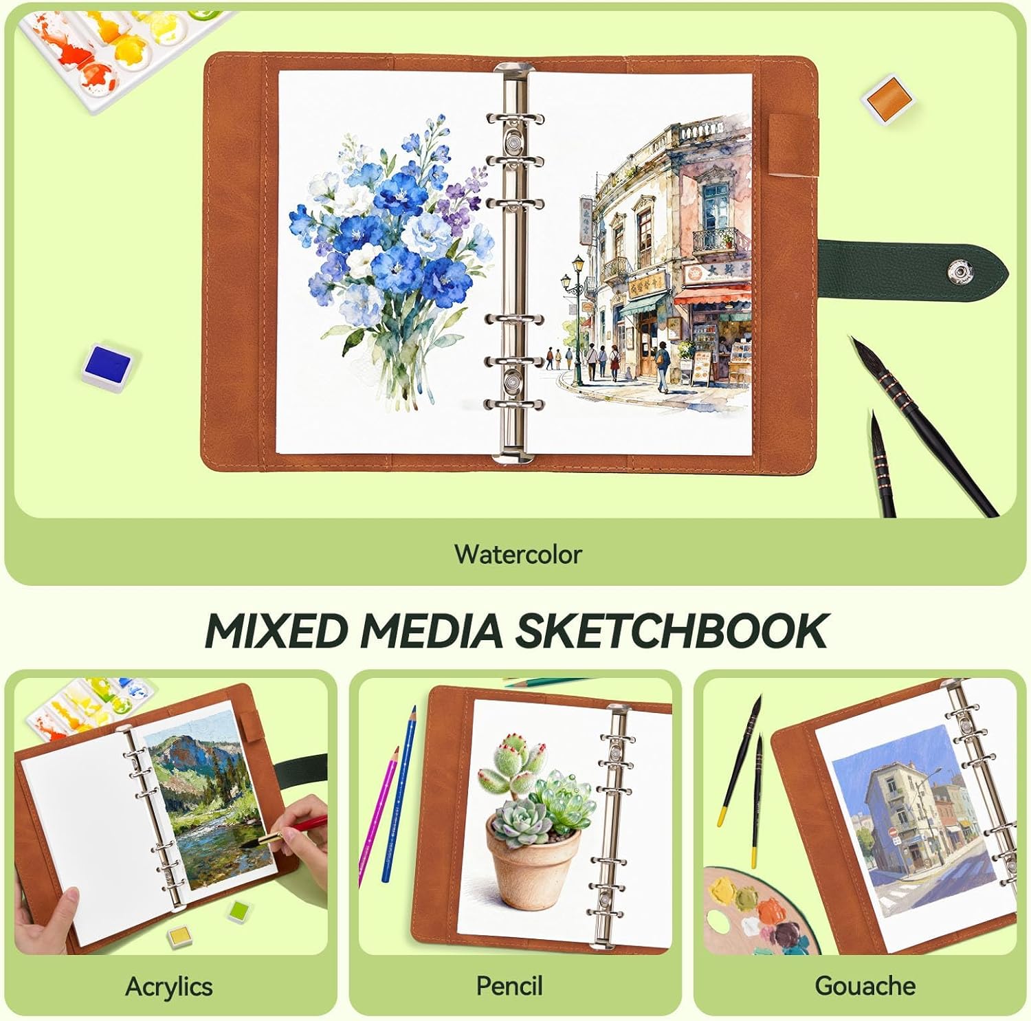 Lightwish Watercolor Sketchbook Refillable 100% Cotton, 300gsm (140lb) - 6.69" x 3.94" Hot Press Watercolor Paper Journal Notebook - 20 Sheets with PU Leather Cover for Drawing Mixed Media