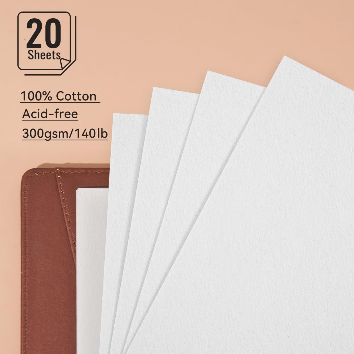 Lightwish Watercolor Sketchbook,100% Cotton Acid Free Watercolor Paper,300gsm/140lb Cold Press Watercolor Journal for Artists,Adults,Students,20 Sheets,9.25 * 6.3 Inches(Leather Brown)