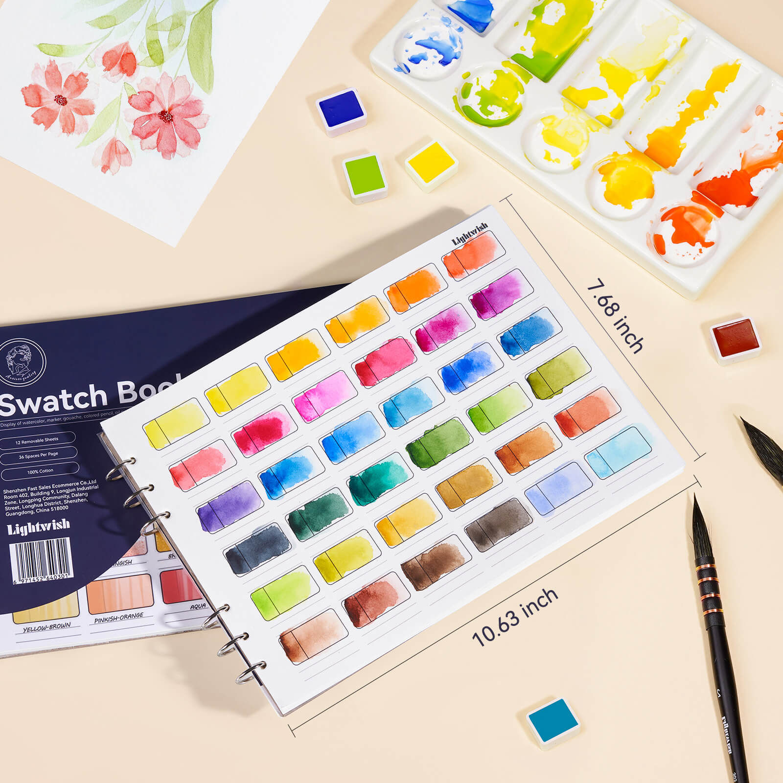 Lightwish Watercolor Swatch Book, 12 sheets, 100% Cotton, 300gsm/140lb, Acid-Free, Hot Press