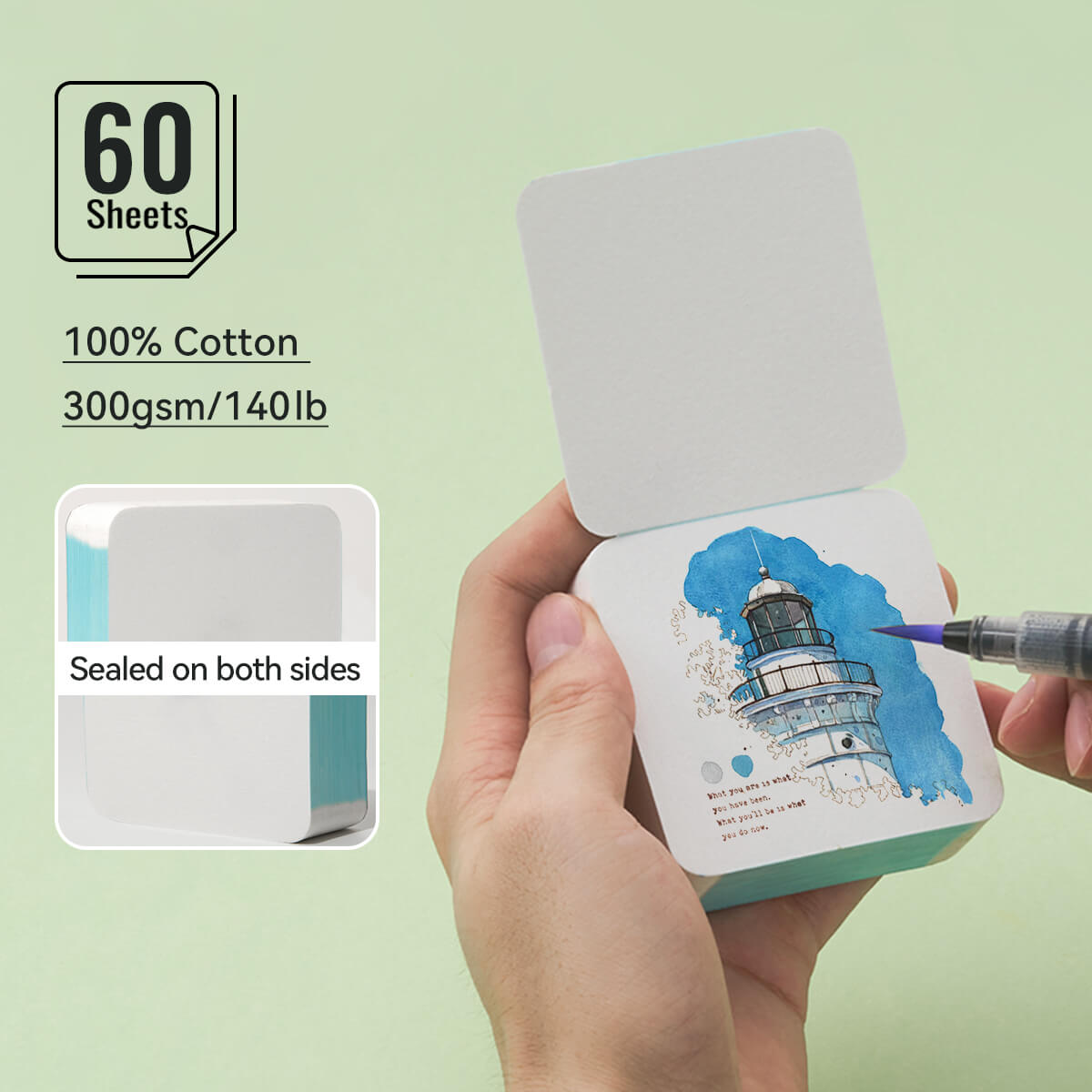 Lightwish 60 Sheets Mini Watercolor Sketchbook, Cold Press, Travel Size Portable Tearable Square Painting Notebook