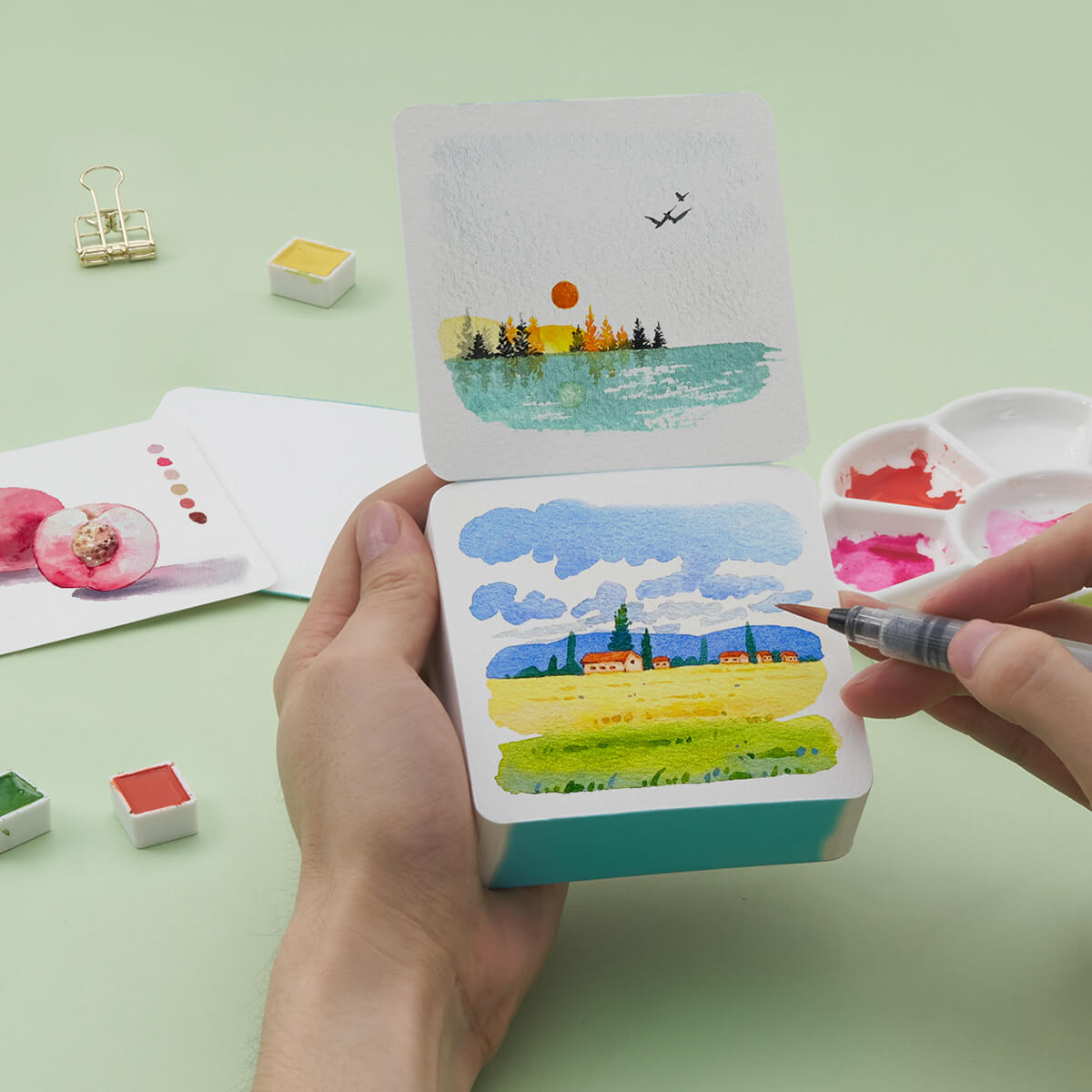 Lightwish 60 Sheets Mini Watercolor Sketchbook, Cold Press, Travel Size Portable Tearable Square Painting Notebook