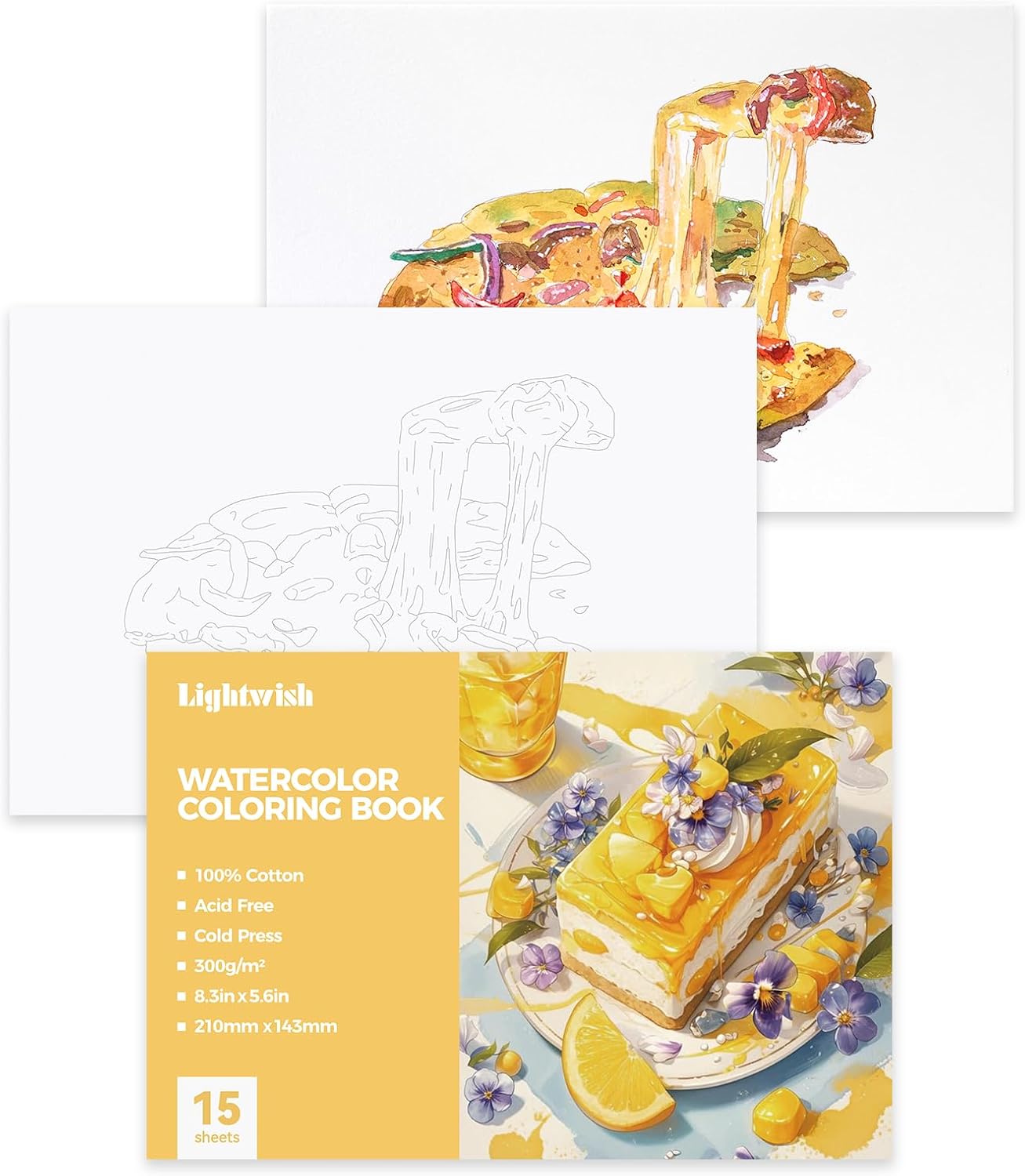 Lightwish Watercolor Coloring Book for Adults & Beginners,100% Cotton 300gsm/140lb Acid-Free Hot Press Paper, 8.3 x 5.6 Inches,15 Sheets,Landscape-Themed