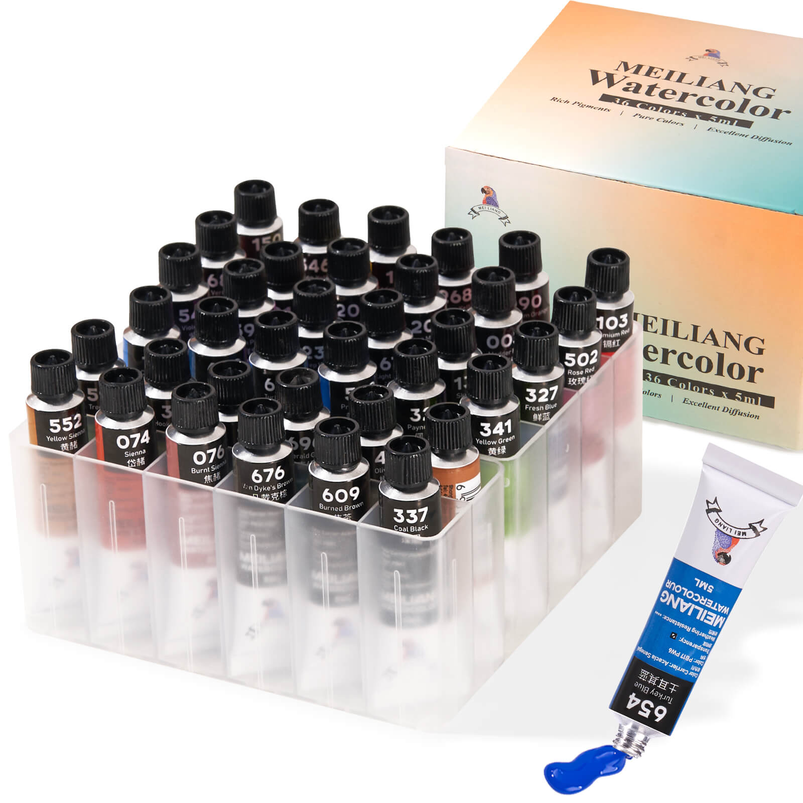 MeiLiang Watercolor Paint Set 36 Vibrant Colors 5ml (0.17-oz) Tube With Practical Square Plastic Storage Box