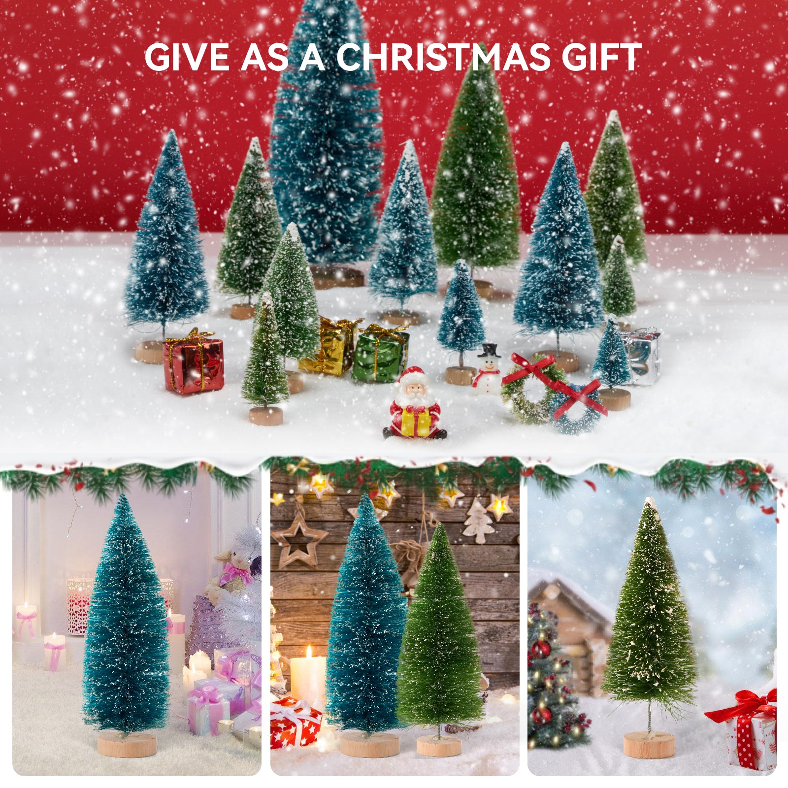 FARBCLUB 20Pcs Mini Bottle Brush Christmas Trees with Figurines, Artificial Miniature Christmas Tree with Wooden Bases, Small Christmas Tree (6 Size) for Tabletop Decoration, Holiday Winter Crafts