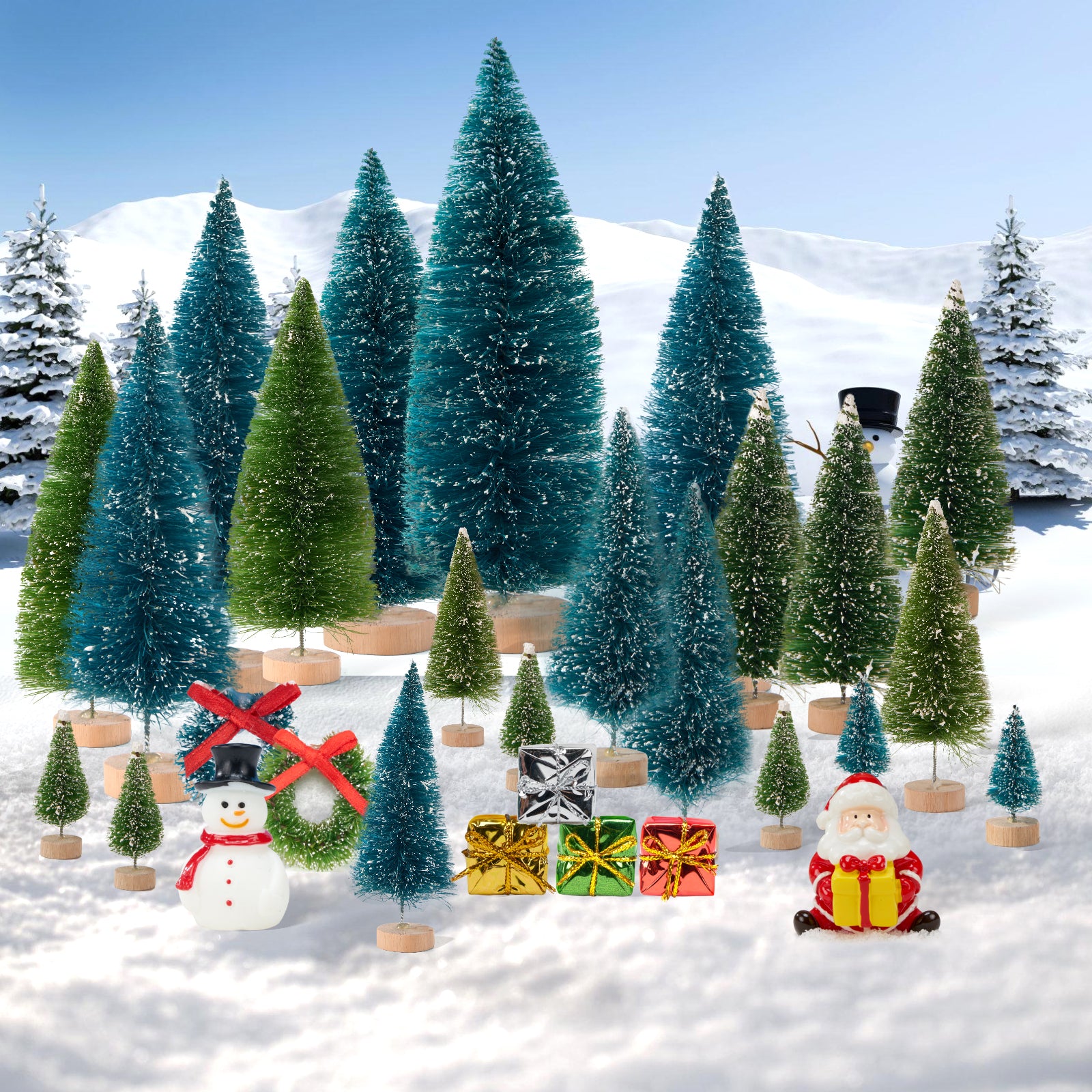 FARBCLUB 20Pcs Mini Bottle Brush Christmas Trees with Figurines, Artificial Miniature Christmas Tree with Wooden Bases, Small Christmas Tree (6 Size) for Tabletop Decoration, Holiday Winter Crafts