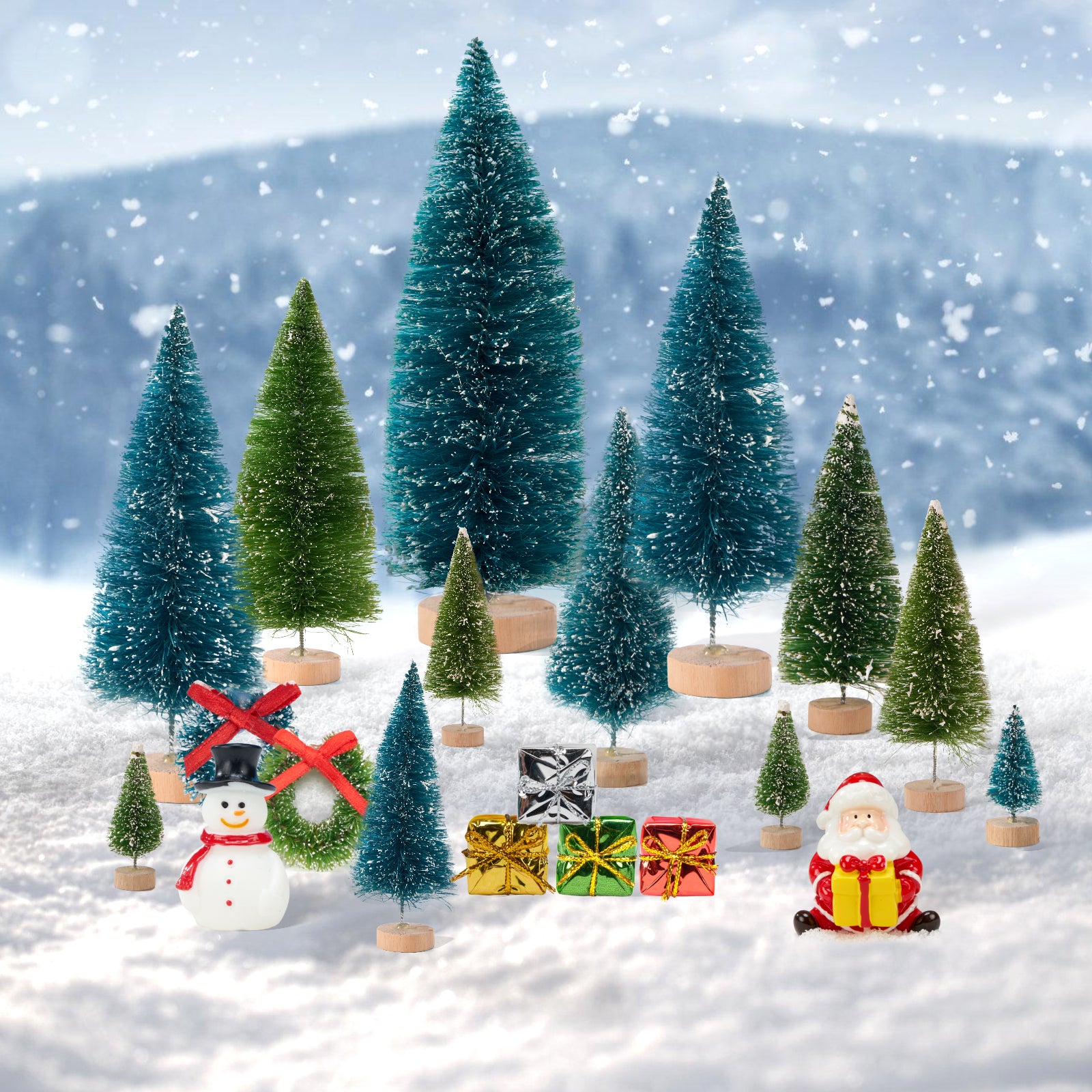 FARBCLUB 20Pcs Mini Bottle Brush Christmas Trees with Figurines, Artificial Miniature Christmas Tree with Wooden Bases, Small Christmas Tree (6 Size) for Tabletop Decoration, Holiday Winter Crafts