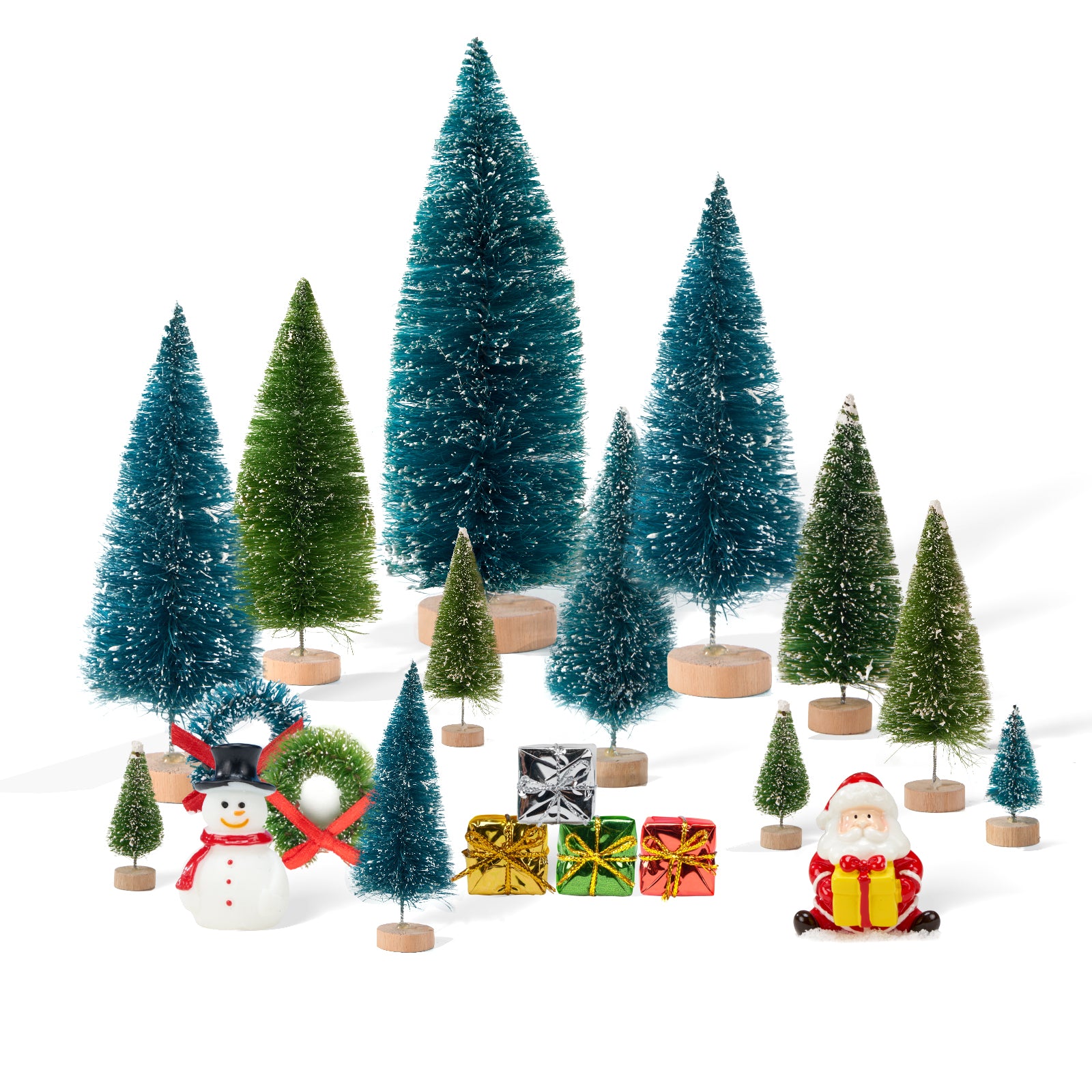 FARBCLUB 20Pcs Mini Bottle Brush Christmas Trees with Figurines, Artificial Miniature Christmas Tree with Wooden Bases, Small Christmas Tree (6 Size) for Tabletop Decoration, Holiday Winter Crafts