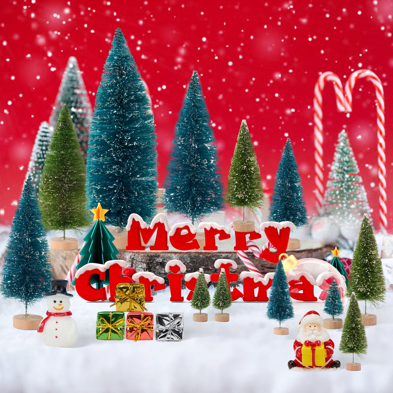 FARBCLUB 20Pcs Mini Bottle Brush Christmas Trees with Figurines, Artificial Miniature Christmas Tree with Wooden Bases, Small Christmas Tree (6 Size) for Tabletop Decoration, Holiday Winter Crafts