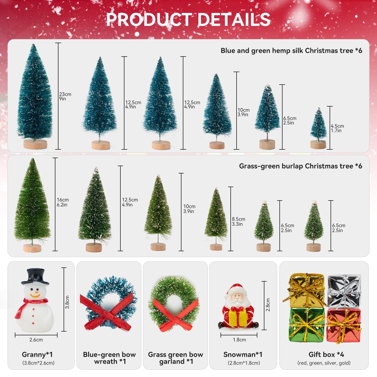 FARBCLUB 20Pcs Mini Bottle Brush Christmas Trees with Figurines, Artificial Miniature Christmas Tree with Wooden Bases, Small Christmas Tree (6 Size) for Tabletop Decoration, Holiday Winter Crafts
