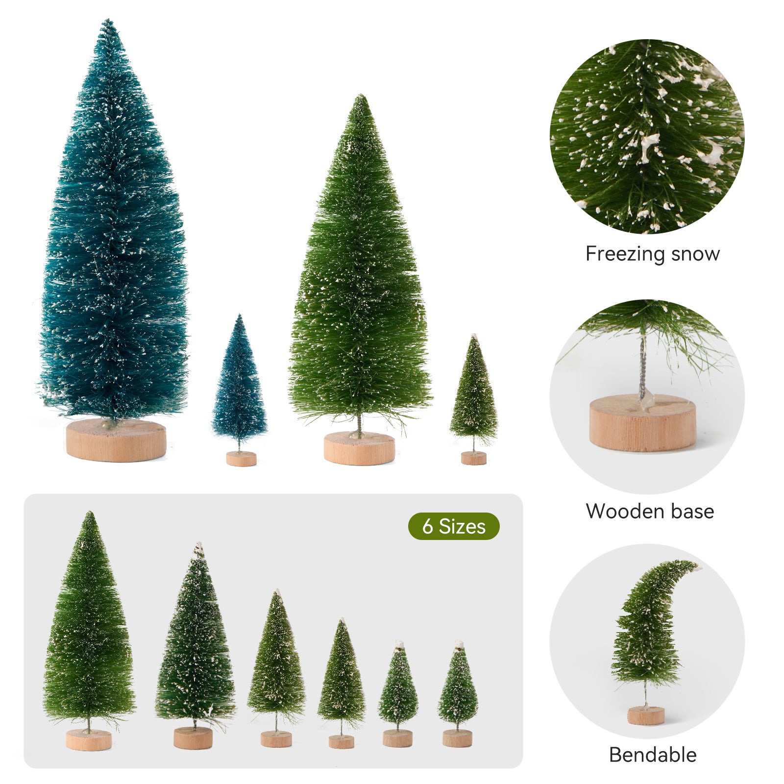 FARBCLUB 20Pcs Mini Bottle Brush Christmas Trees with Figurines, Artificial Miniature Christmas Tree with Wooden Bases, Small Christmas Tree (6 Size) for Tabletop Decoration, Holiday Winter Crafts