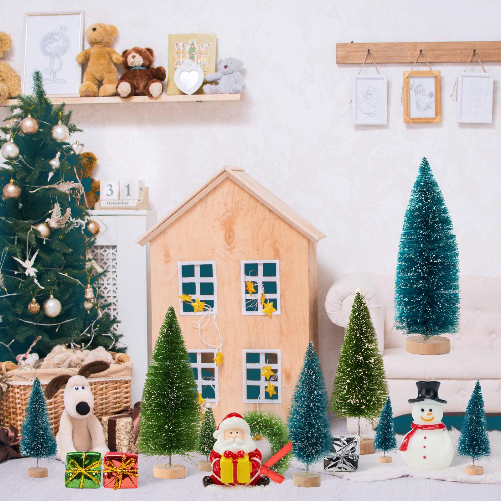 FARBCLUB 20Pcs Mini Bottle Brush Christmas Trees with Figurines, Artificial Miniature Christmas Tree with Wooden Bases, Small Christmas Tree (6 Size) for Tabletop Decoration, Holiday Winter Crafts