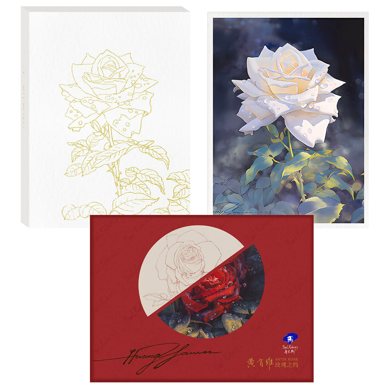 Paul Rubens Watercolor Coloring Paper, 12 Unique Roses Line Drawings