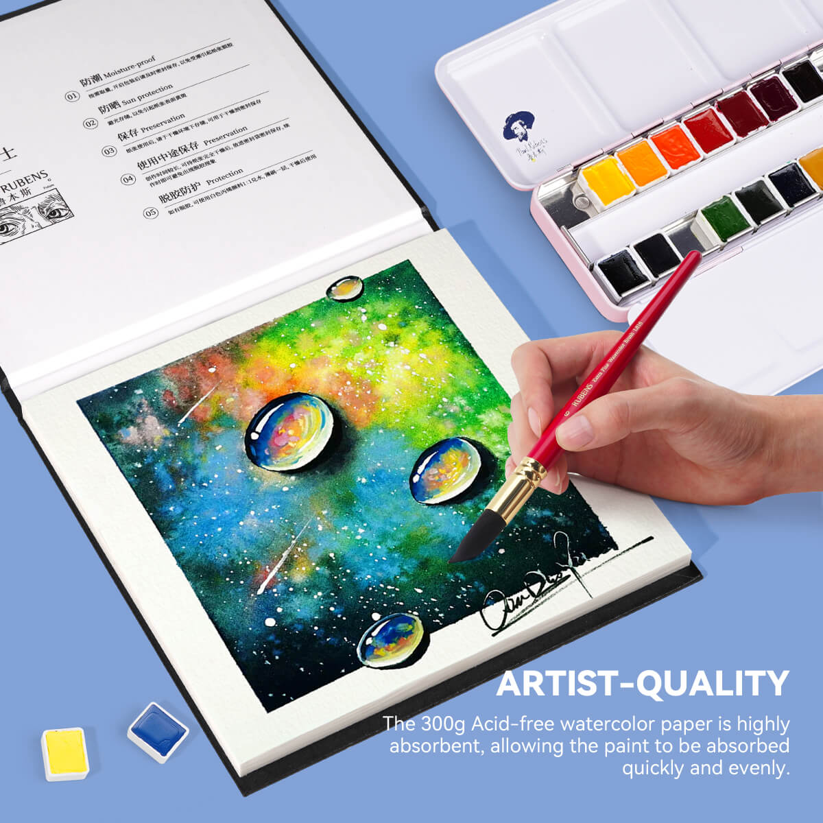 Paul Rubens Watercolor Block, High Absorption 100% Cotton Acid-Free Watercolor Paper Pad, Cold & Hot Press Sketchbook