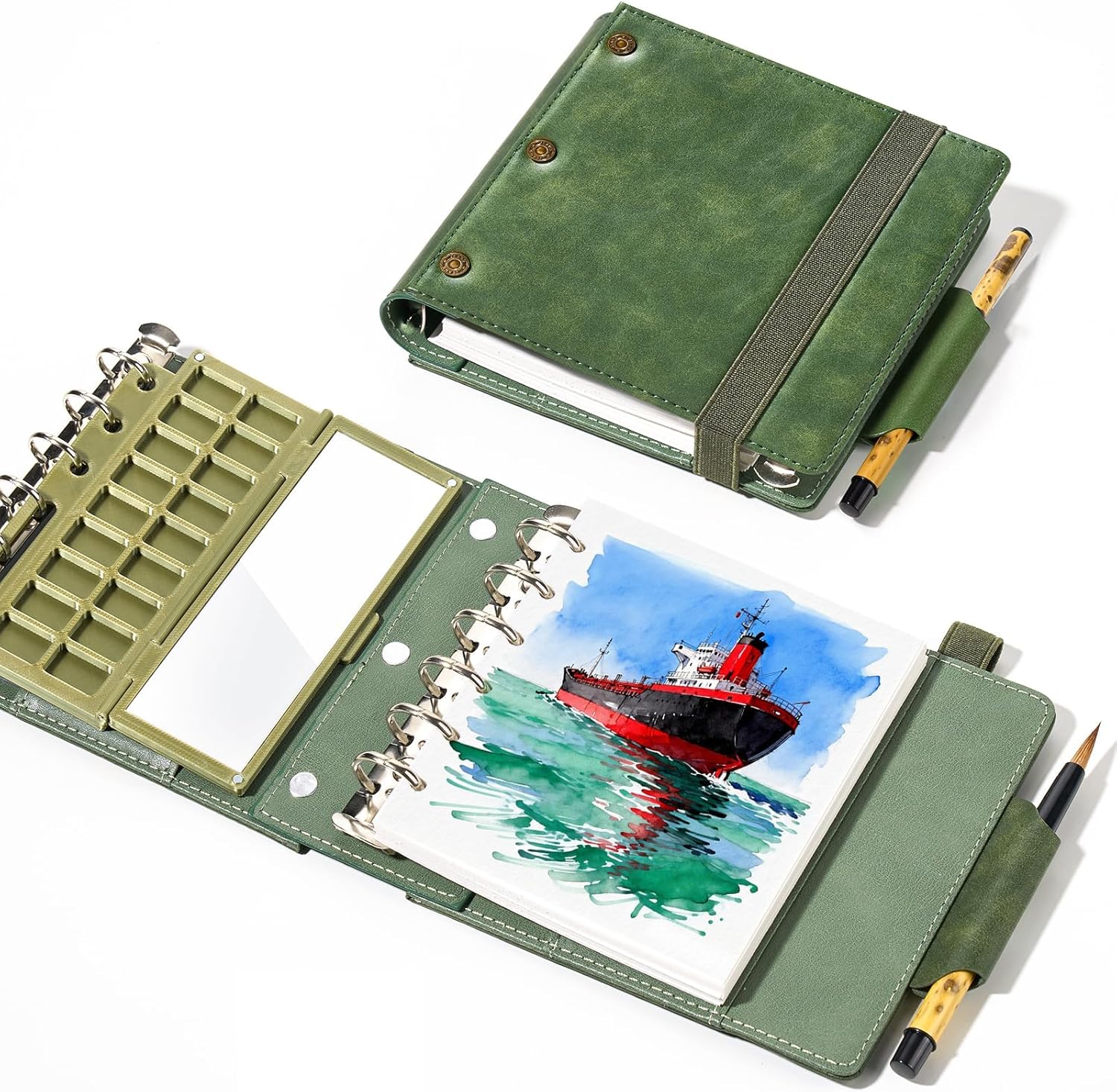 Portable Watercolor Sketchbook Set - 100% Cotton 5.1x3.0 Inch Hot Press 20 Sheets Binder Art Journal with 18-Well Ceramic Paint Palette & Travel Watercolor Brushes for Artists Outdoor Painting