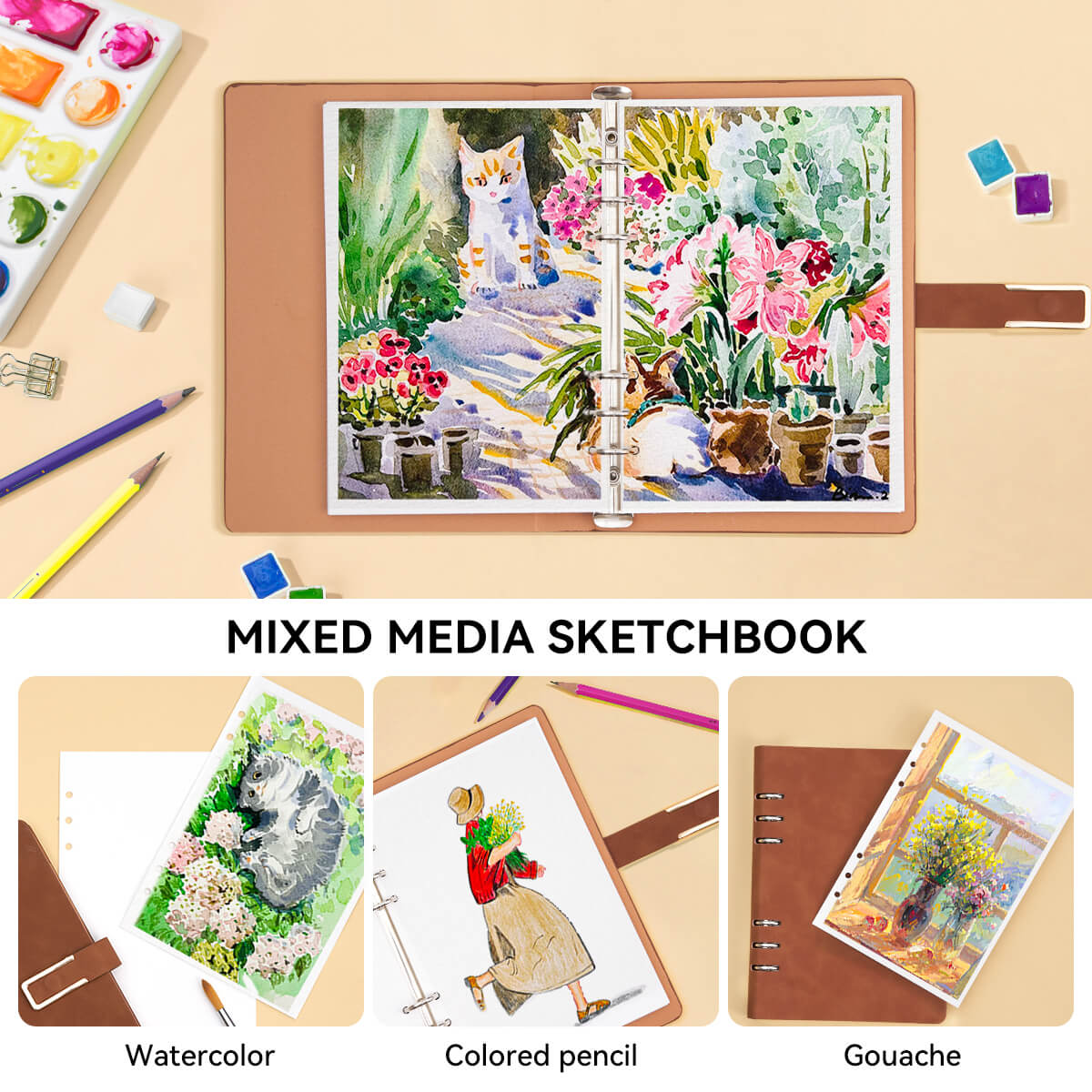 Lightwish 100% Cotton Acid Free Watercolor Journal/Sketchbook,300gsm/140lb, Cold & Hot Press Watercolor Paper,20 Sheets,9.25 * 6.3 Inches