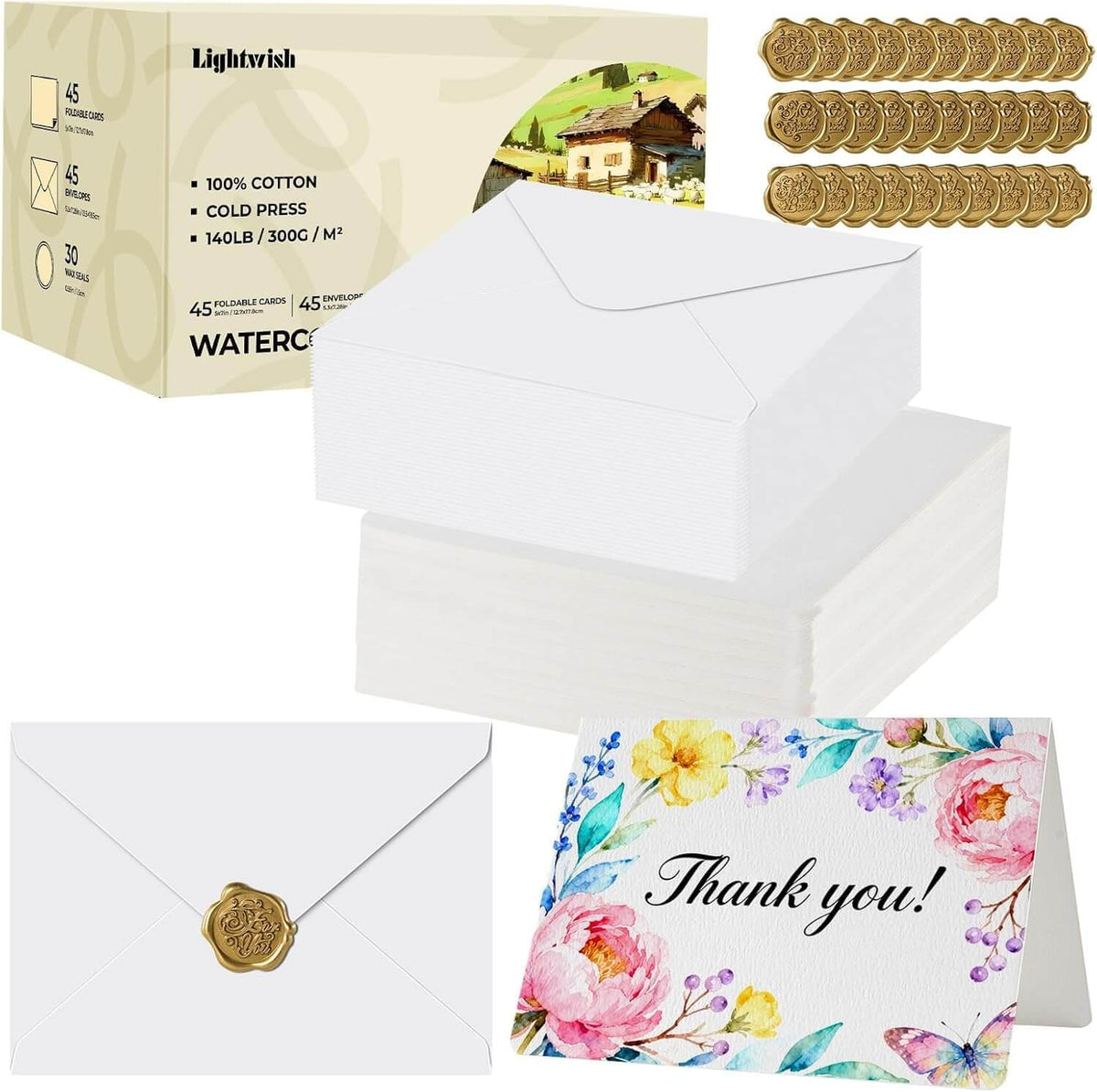 300gsm 100% Cotton Foldable Watercolor Greeting Cards with Envelopes – Cold Press Blank Cards & 30 Wax Seal Stickers for Painting, Inviting & Gifting