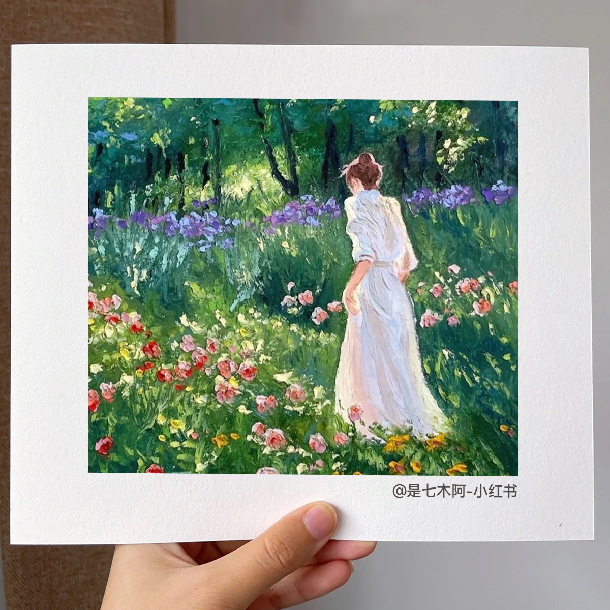 A woman in white dress walking through a field of flowers in an oil painting