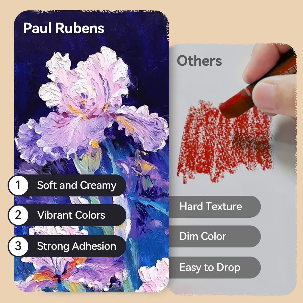 Creamy, soft irises painted with oil sticks by Paul Rubens, compared to other oil sticks