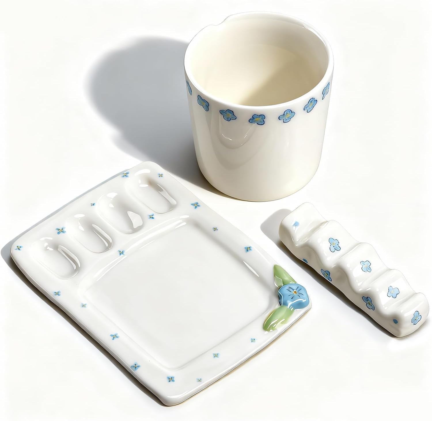 Handmade ceramic paint palette set, artist's ceramic watercolor palette, brush holder and paint cups