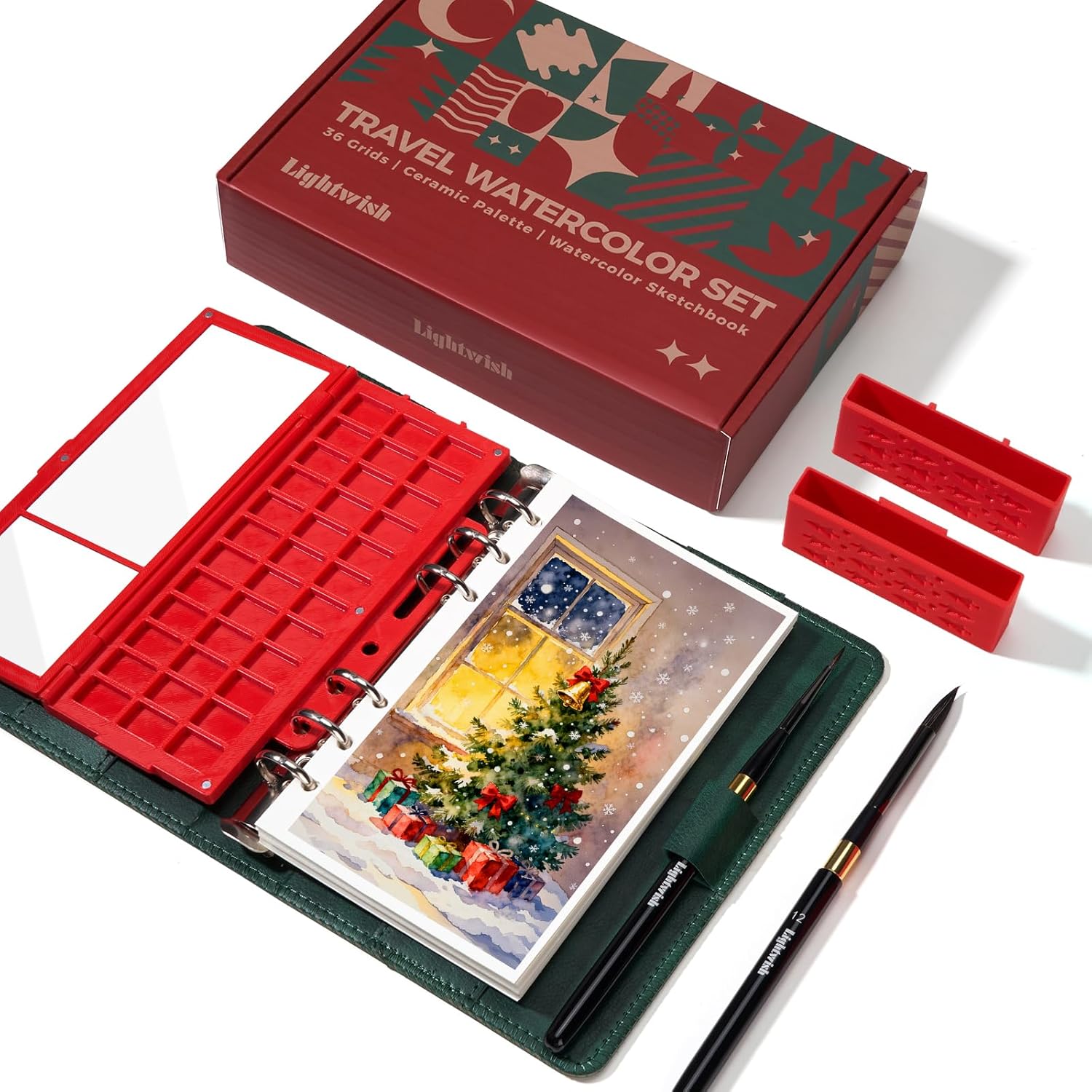 Portable Watercolor Sketchbook Set - 100% Cotton Cold-Pressed 6.7x3.9 Inch Loose-Binder Art Journal with 36 Ceramic Paint Palettes and 2 Travel Water Brushes, Perfect for Artists Painting Outdoors