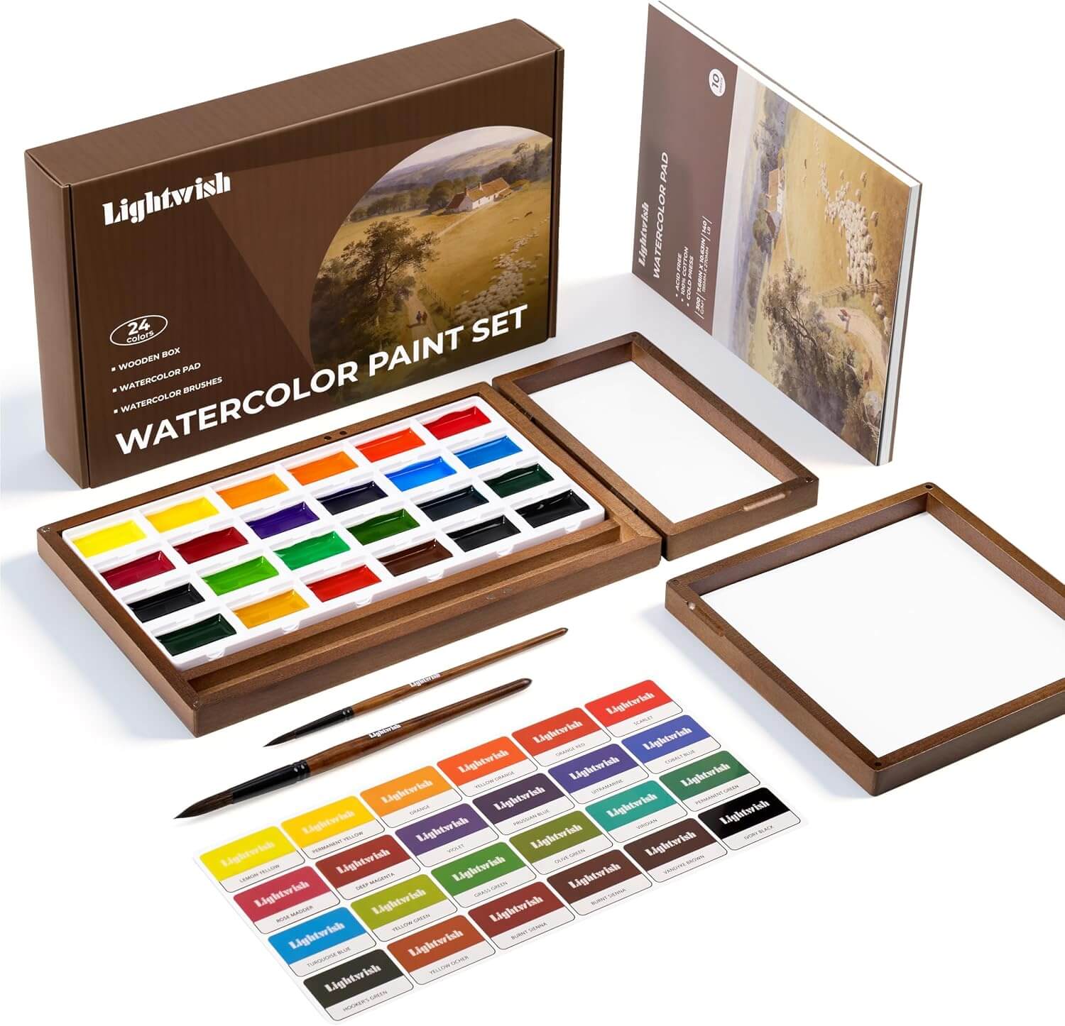 24 Colors Semi-Moist Watercolor Paint Box Set with Cotton Paper & Brushes