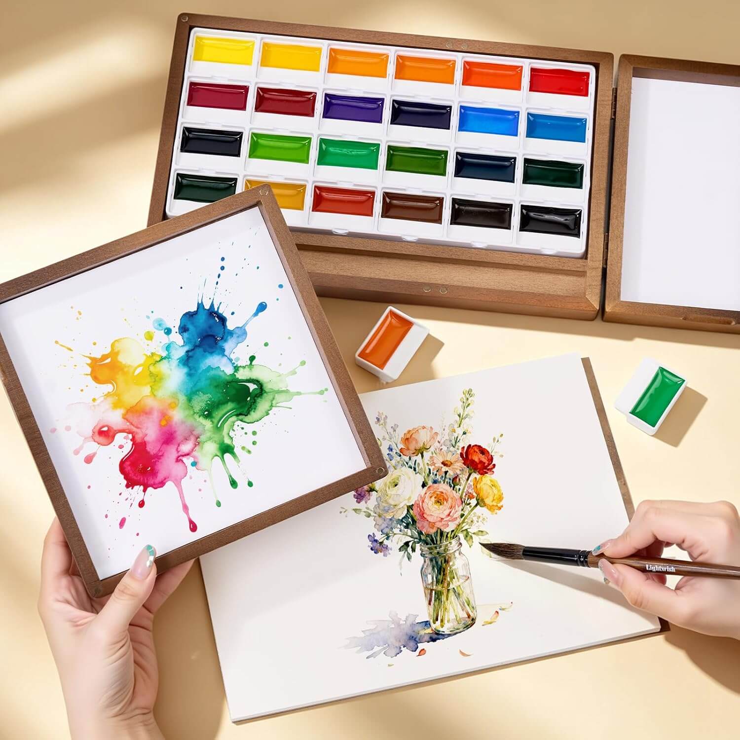24 Colors Semi-Moist Watercolor Paint Box Set with Cotton Paper & Brushes