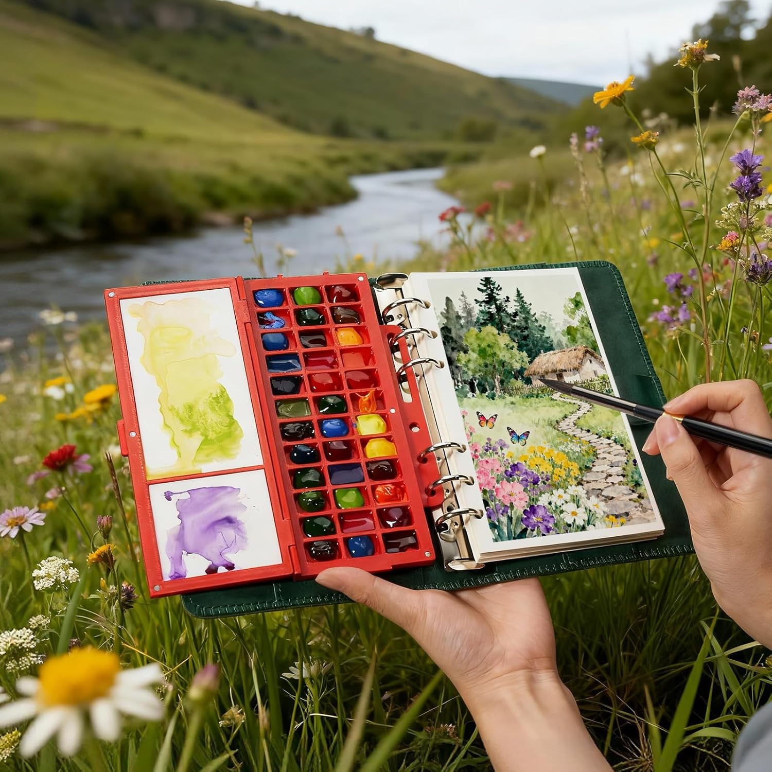 Portable Watercolor Sketchbook Set - 100% Cotton Cold-Pressed 6.7x3.9 Inch Loose-Binder Art Journal with 36 Ceramic Paint Palettes and 2 Travel Water Brushes, Perfect for Artists Painting Outdoors