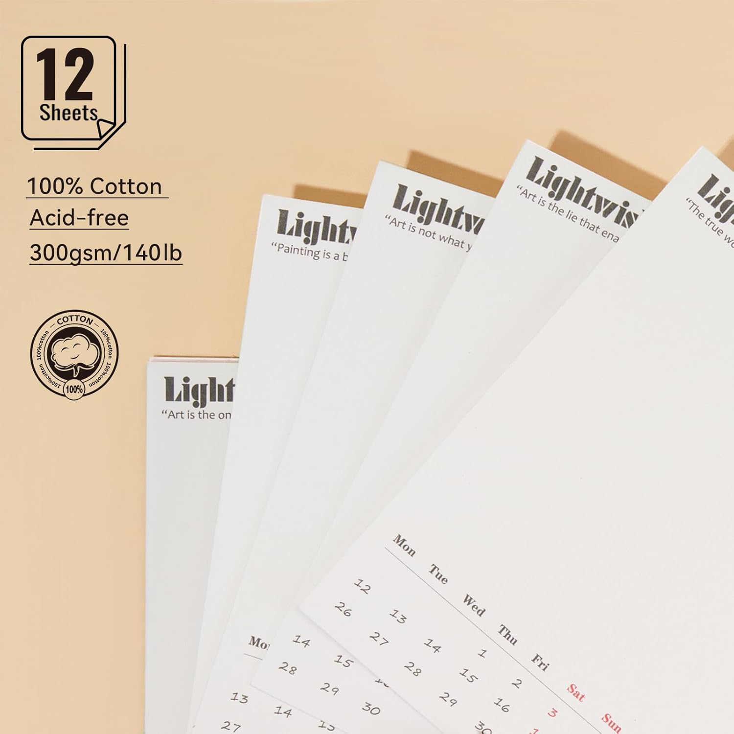 Lightwish Watercolor Calendar Paper for 2026, 100% Cotton, 12 Sheets, 140lb/300gsm, Acid-Free Hot Pressed Watercolor Paper, Art Supplies for Watercolor Crafts and DIY Media